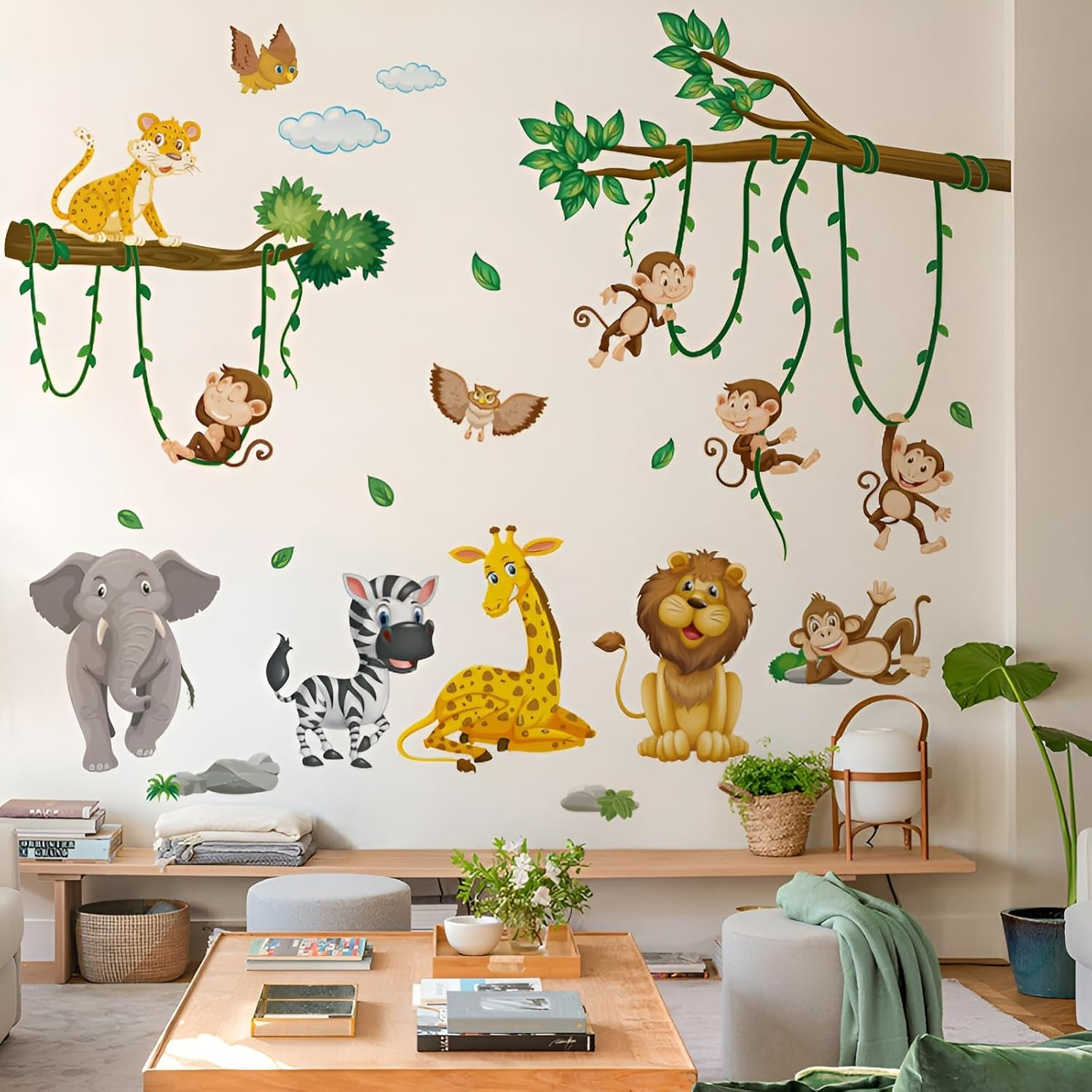 Large Jungle Animal Wall Decals, Animal Party Windows for Early Education Children'S Room, Nursery Decorated with Giraffe Elephant Monkey Tree Branches image number 5