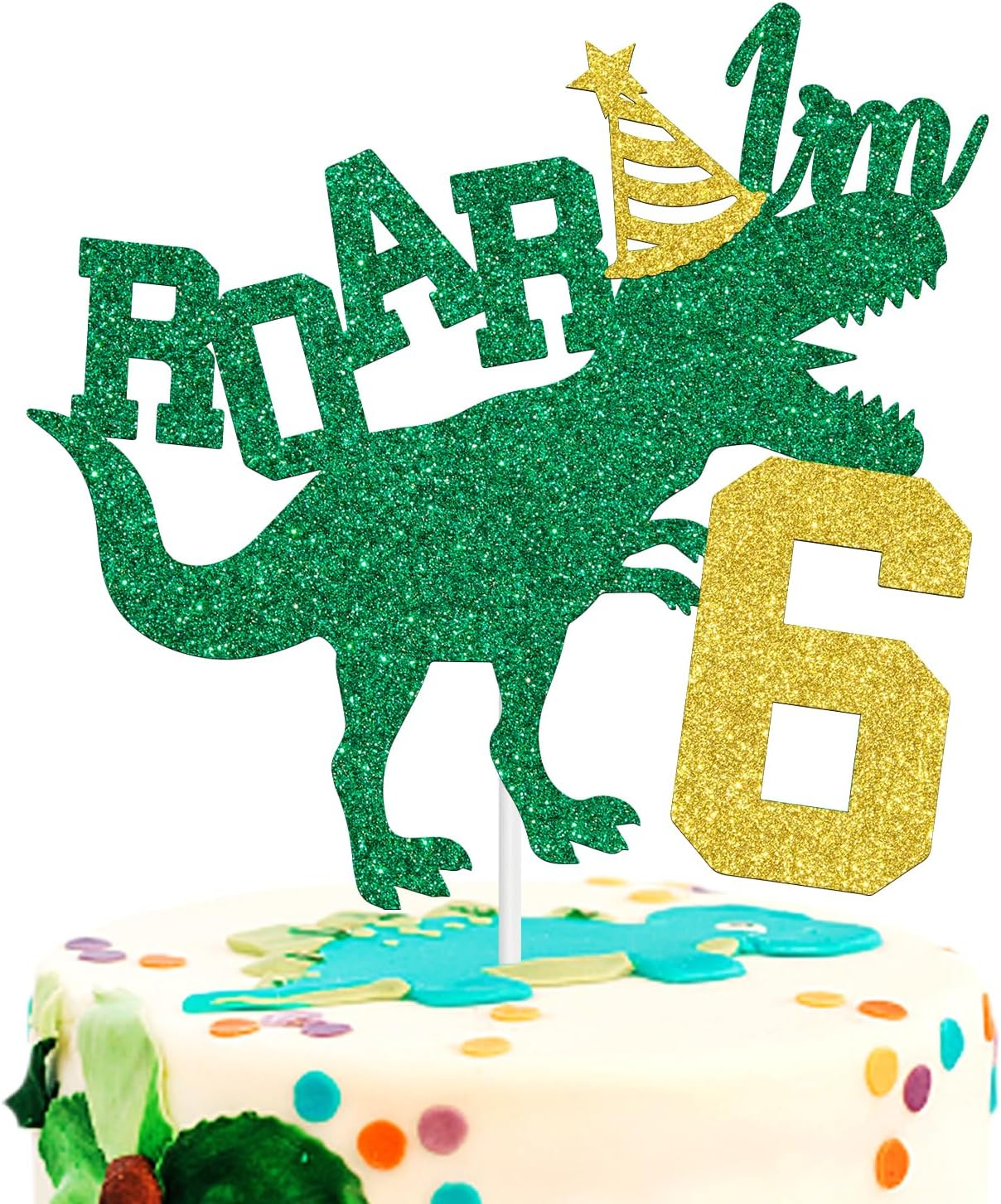 Ferburitar Roar I'M 6 Cake Topper, Dinosaur Jungle Safari Cake Topper for Boys Girls, Happy 6Th Birthday Party Decorations Supplies for Kids, Gold and Green Glitter image number 6