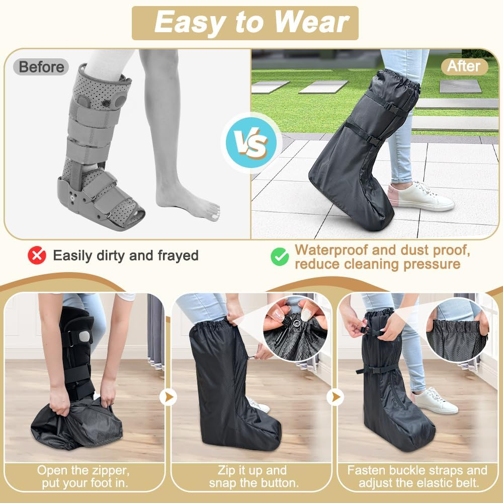 Walking Boot Cover Tall Medical Cast Fracture Boot Foot Cast Cover Orthopedic Brace Air Walker Boot Covers for Women Men Outdoor Rain Winter Snow Boot Protector Foot Support with Sole (Black) image number 1