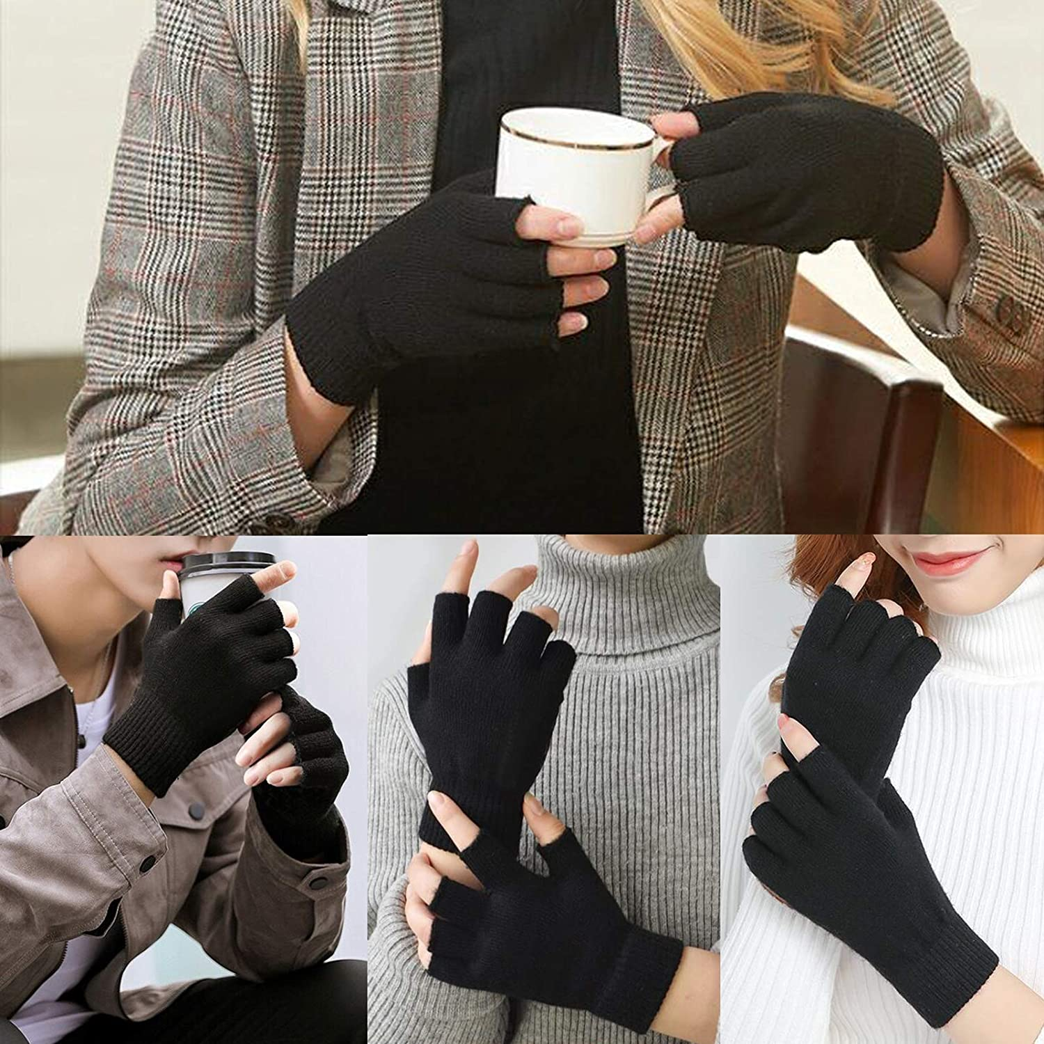 2 Pair Half Finger Gloves Winter Knit Touchscreen Warm Stretchy Mittens Fingerless Gloves in Common Size for Men and Women,Black, Black image number 6