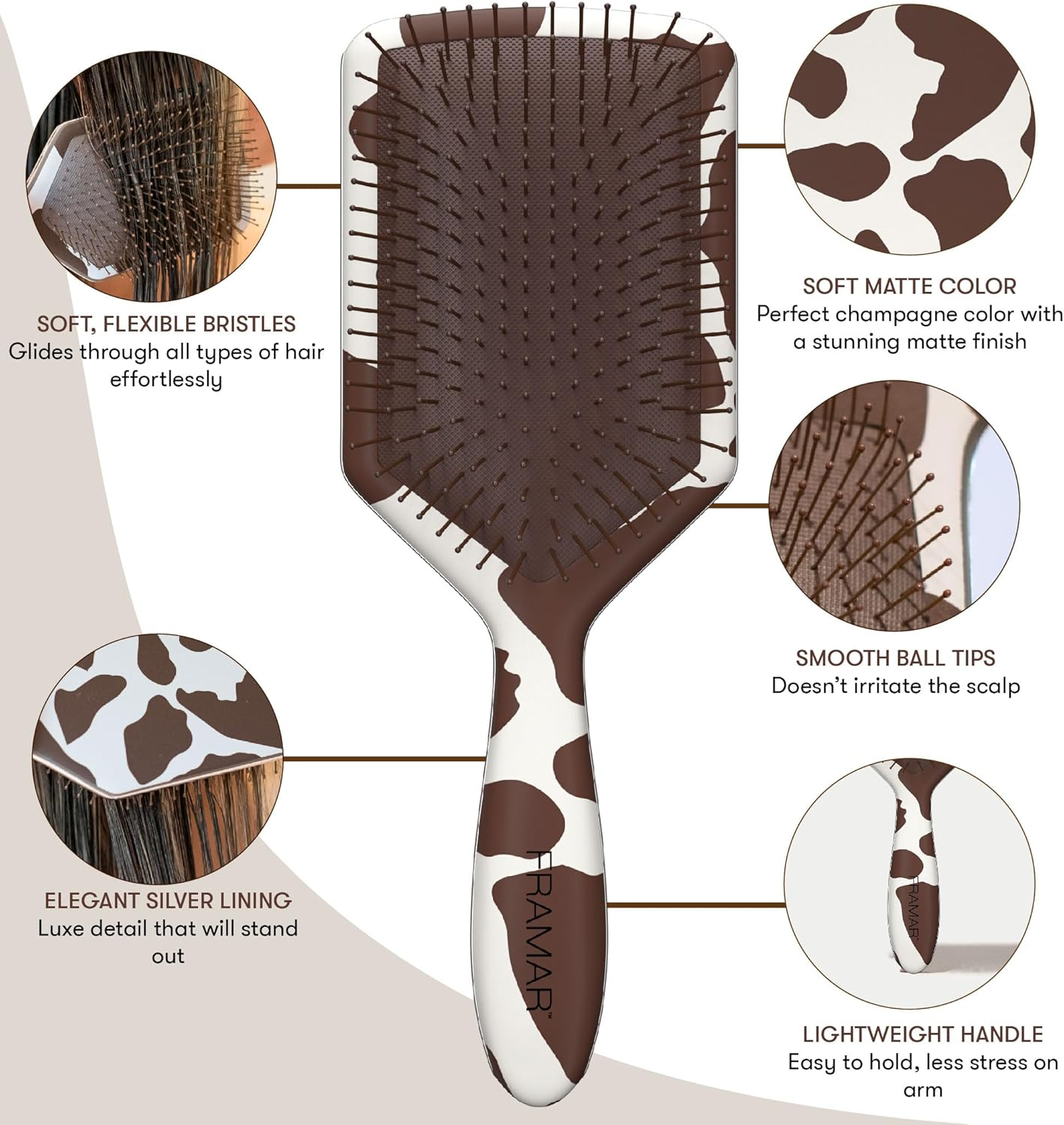 FRAMAR Paddle Hair Brush Detangler, Detangling Hairbrush for Women, Wet Hair Brush for Girls, Hair Detangler Brush, Wet Hairbrush, Hairbrushes, Girls Hairbrush Detangler, Reduces Frizz &ndash; Cow Print image number 6