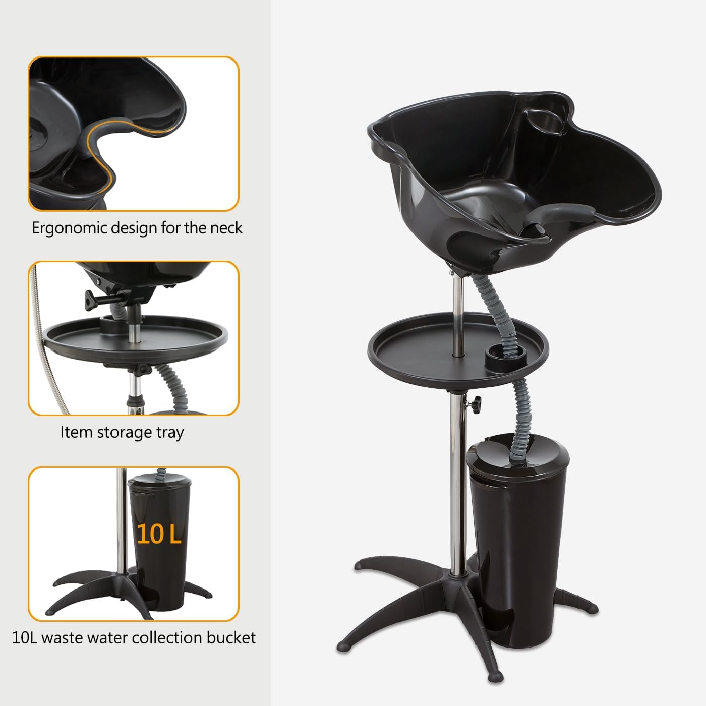 Portable Shampoo Bowl (Pack of 1) | Adjustable Basin Height,One-Bucket Design with Drain Hoses | Home & Barber Use | Black image number 5