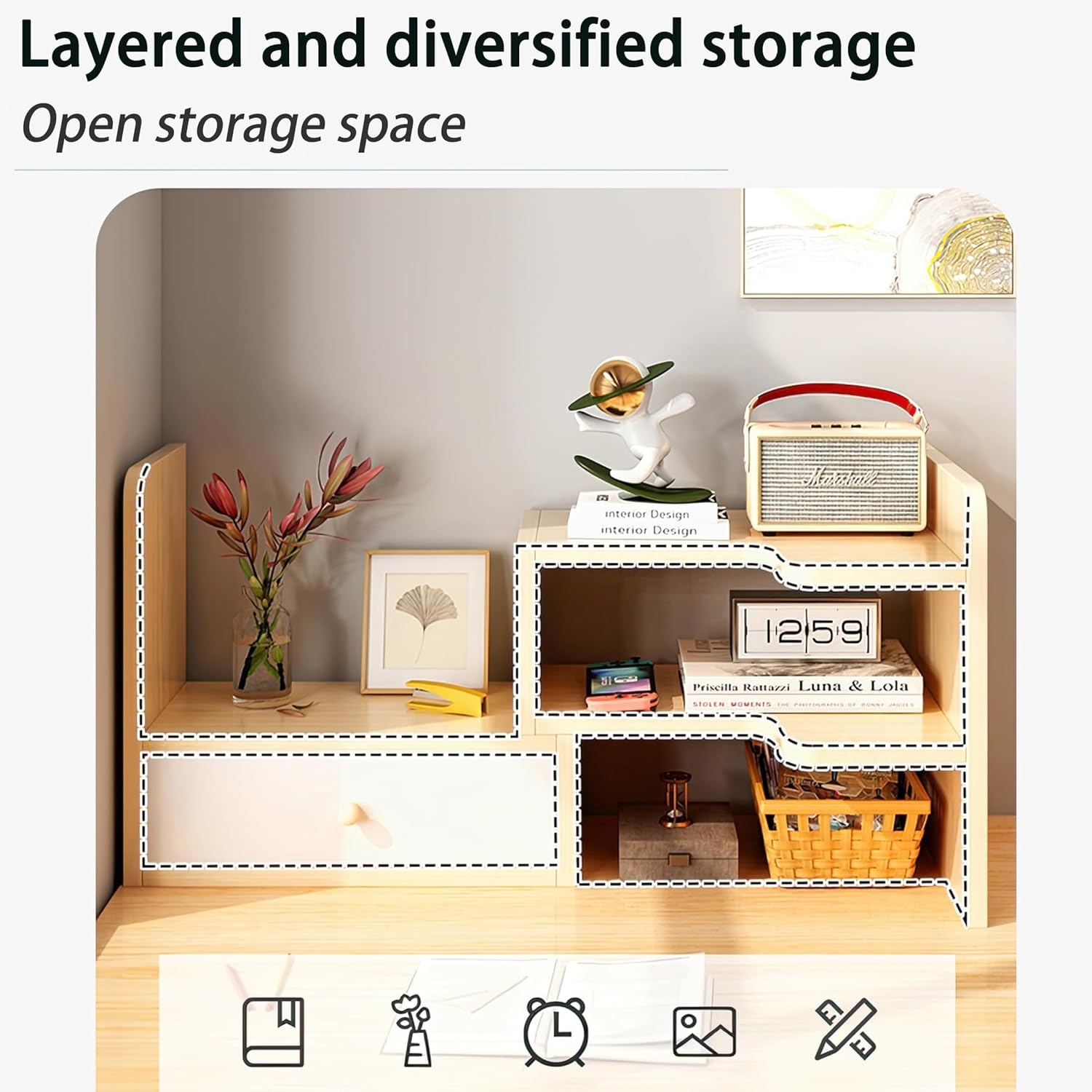 Joiena Desktop Bookshelf Desk Storage Organizer Adjustable Wood Bookcase Desktop Display Shelf Stand Rack with Cabinet Office Supplies (Wood) image number 5