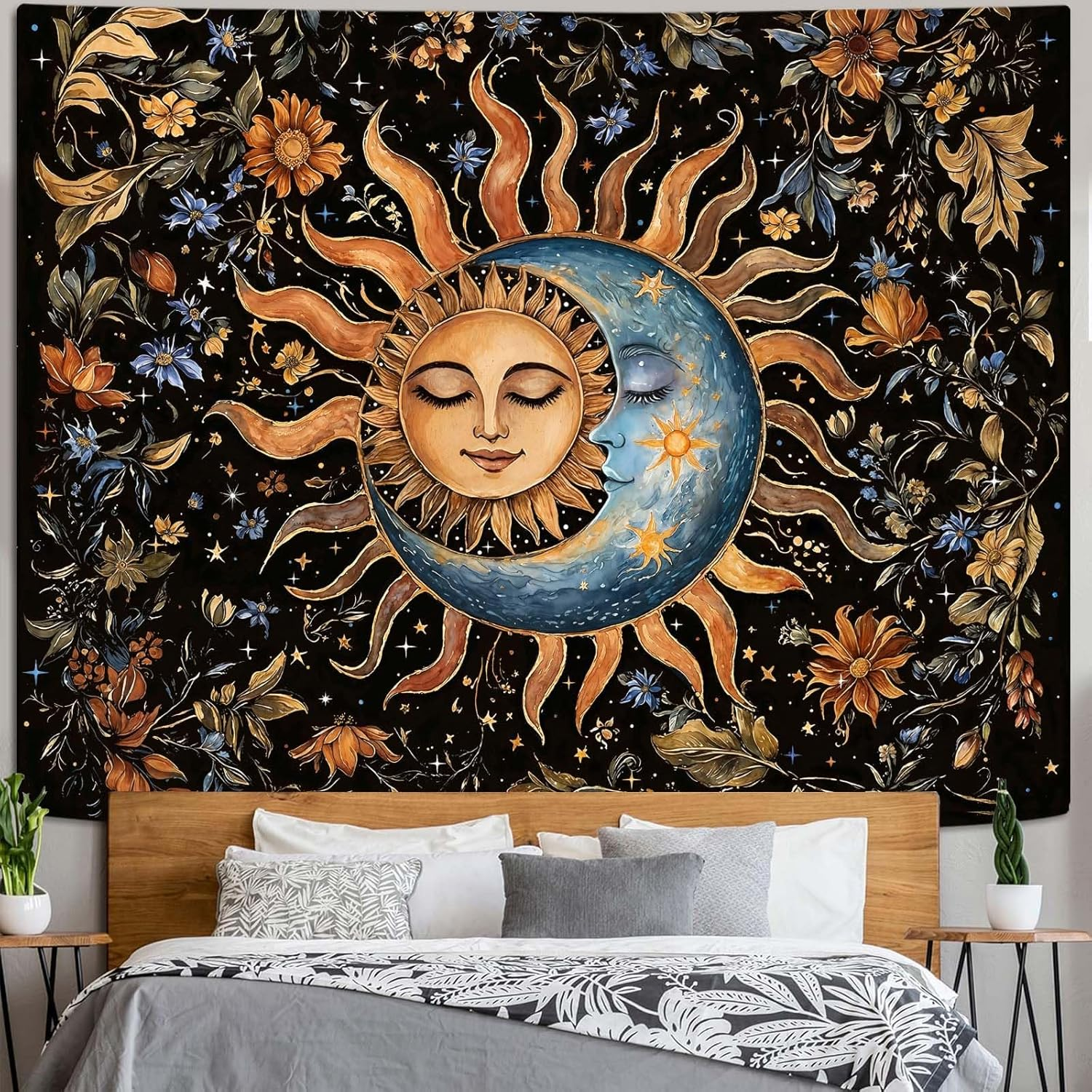 Aipon Sun and Moon Tapestry for Bedroom Boho Vintage Floral Hippie Wall Tapestry Aesthetic Retro Flower Plant Small Tapestries Wall Hanging for Living Room Dorm Decor 60 X 44 Inch image number 2
