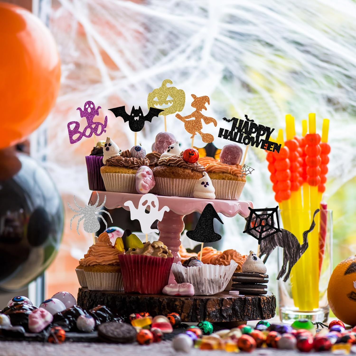 45 PCS Halloween Cupcake Topper Glitter Ghost Boo Witch Hat Bat Pumpkin Spider Cupcake Picks for Baby Shower Kids Birthday Horror Movie Theme Party Cake Decorations Supplies