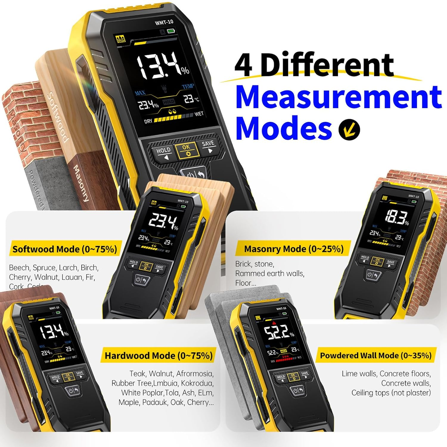 Wood Humidity Meter High Accuracy 2.4 Inch Color Screen Pinless Non Destructive Wall Humidity Tester for Wall Softwood Hardwood image number 4