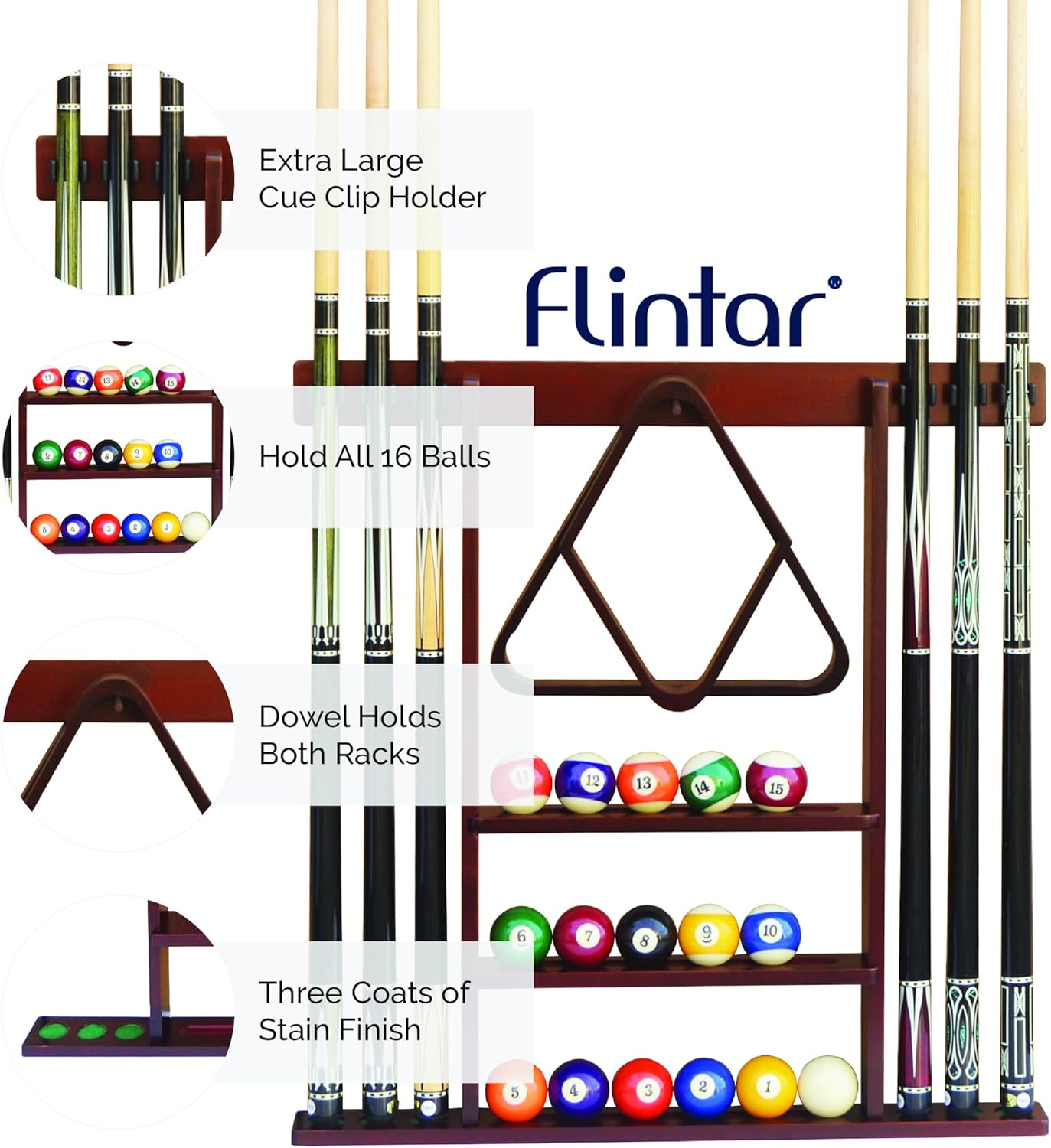 Flintar Wall Cue Rack, Premium Billiard Pool Cue Stick Holder, Made of Solid Hardwood, Improved Direct Wall Mounting, Cue Rack Only (Cues, Balls and Ball Rack Not Included), Oak Finish - Mahogany image number 2