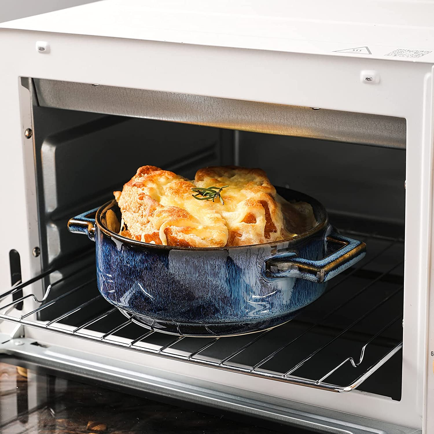 Vicrays Ceramic Soup Bowls with Handles, 24 Oz Porcelain Soup Crocks for French Onion Soup, Cereal, Beef Stew, Chill, Pasta, Pot Pies, Microwave and Oven Safe, Set of 4 (Blue) image number 3