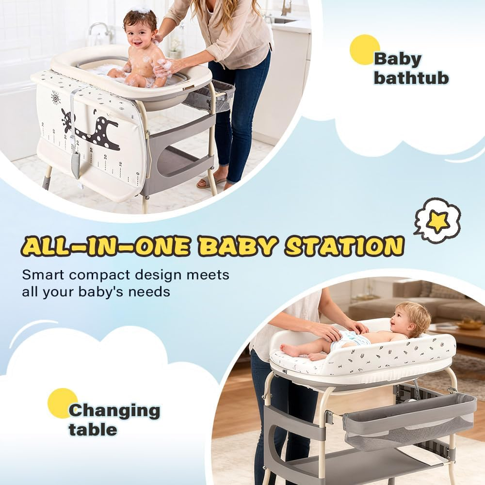 Playpals 2-In-1 Baby Change Table & Baby Bathtub, Adjustable Height Changing Station with Storage Basket & Safety Belt, Mobile Nursery Diaper Changing Table for Baby, Newborn (Grey) image number 4