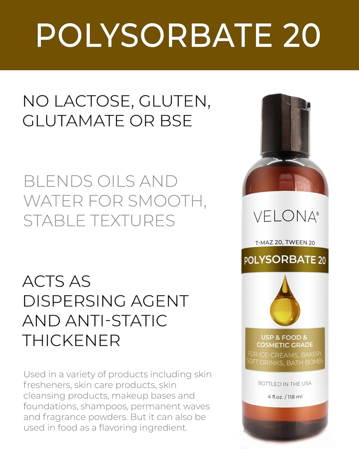 100% POLYSORBATE 20 by Velona | Solubilizer, Food & Cosmetic Grade | All Natural for Cooking, Skin Care and Bath Bombs| Size: 4 Oz image number 6