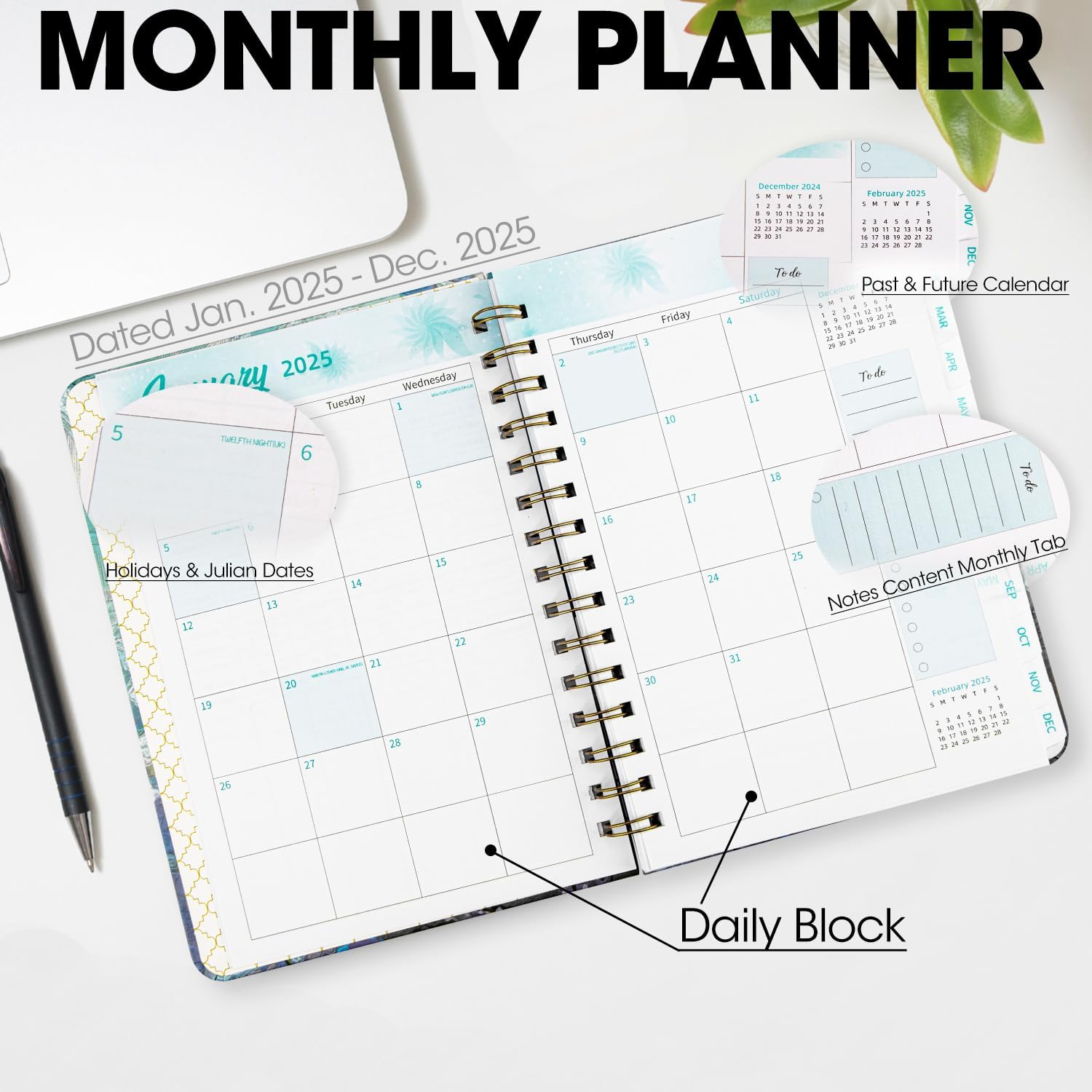 2025 Planner - 2025 Planner Weekly and Monthly, JAN. 2025 - DEC. 2025, 8.4" X 6" Calendar Planner Notebook with Monthly Tabs, 140 Pages Daily Organizer with Back Pocket, Purple Floral image number 6