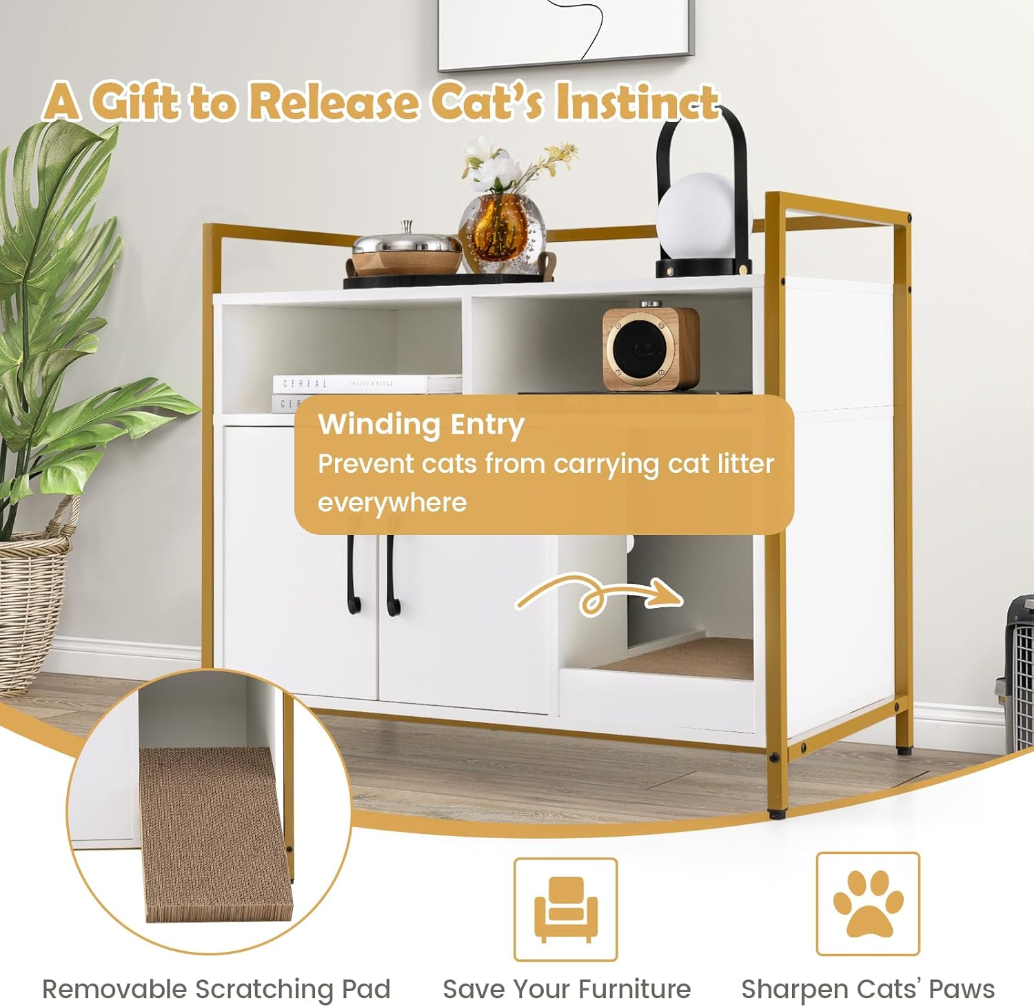 Costway Cat Litter Box Enclosure, Hidden Washroom with Storage & Scratch Pad, Indoor Pet Crate W/Golden Metal Frame, Modern Furniture for Bedroom, Living Room, White,(Pv10054Wh-Costway)