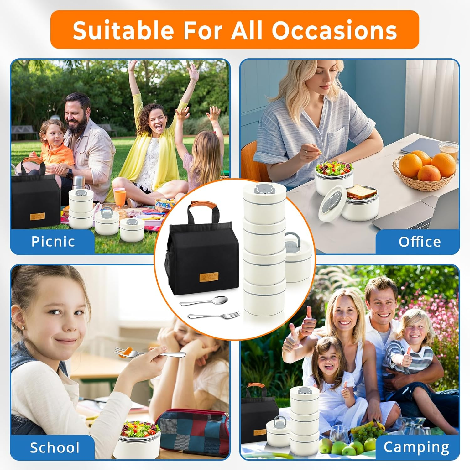 Adando Stainless Steel Lunch Box: 550Ml Microwave-Safe round Bento Lunch Box - 304 Bpa-Free Doulbe Wall Insulated Leakproof for Adults Students - Office School Beach Picnic Hiking Camping (4 Pack) image number 2