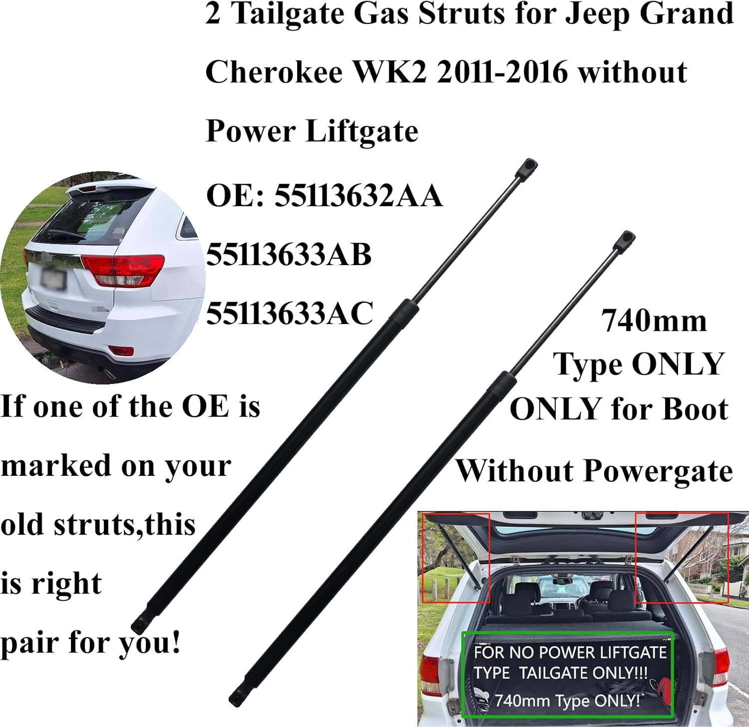 AONNOUS 2 Tailgate 740Mm Gas Struts for Jeep Grand Cherokee WK2 2011-ON without Power Gate ;Also Fit for Ford Kuga 2013-2016 TF Wagon SUV Boot Liftgate image number 4