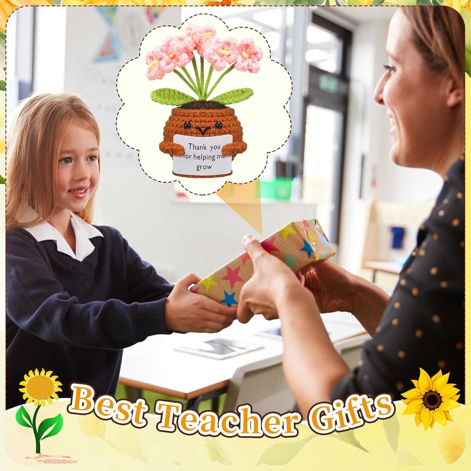 3 Pcs Teacher Appreciation Crochet Doll with Card Thank You for Helping Me Grow Teacher Thank You Presents for Birthday Home Office Decor(Forget Me Not) image number 3