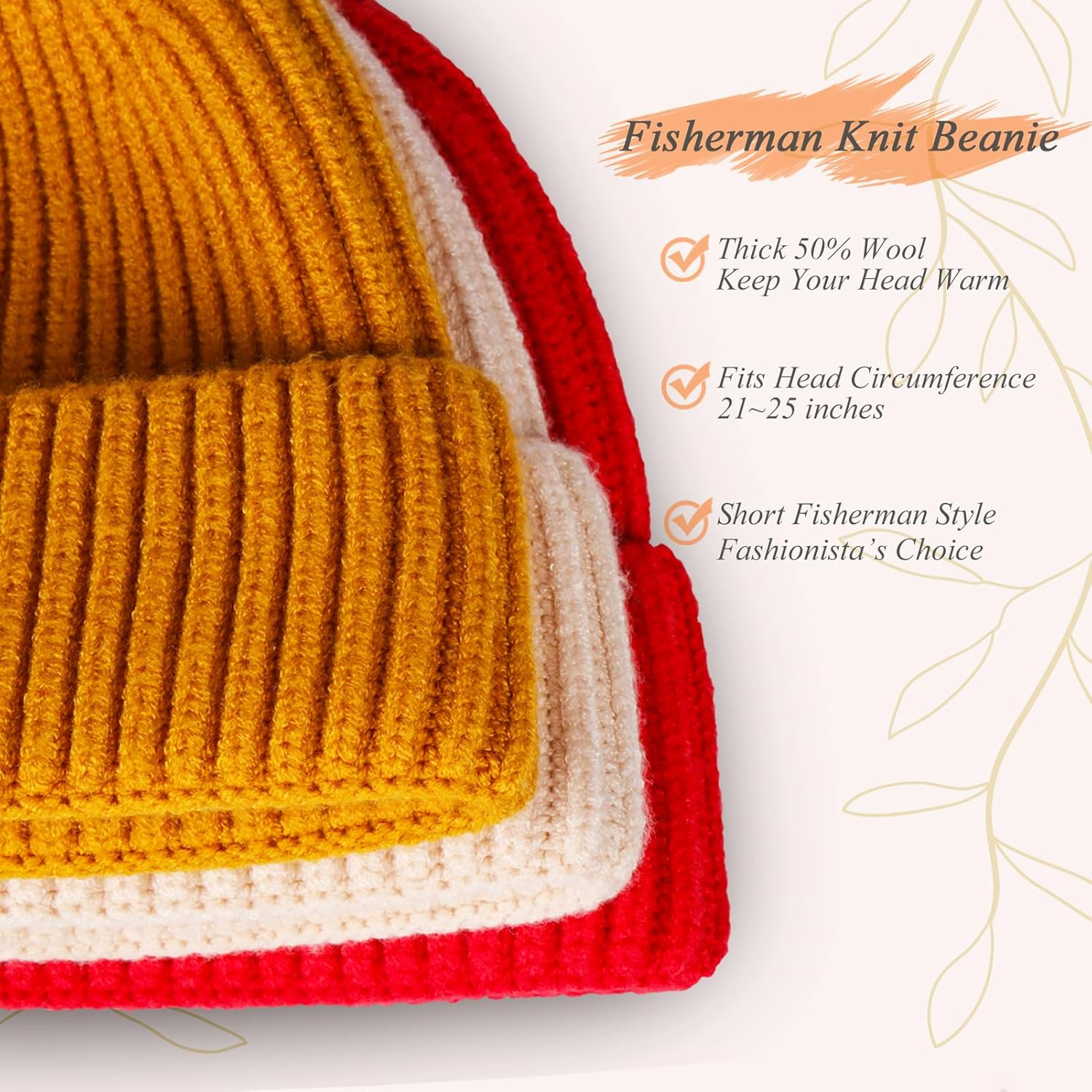 Wool Short Fisherman Beanie for Men Women, Knit Cuff Trawler Beanie Caps Winter Warm Hats - Beige image number 4