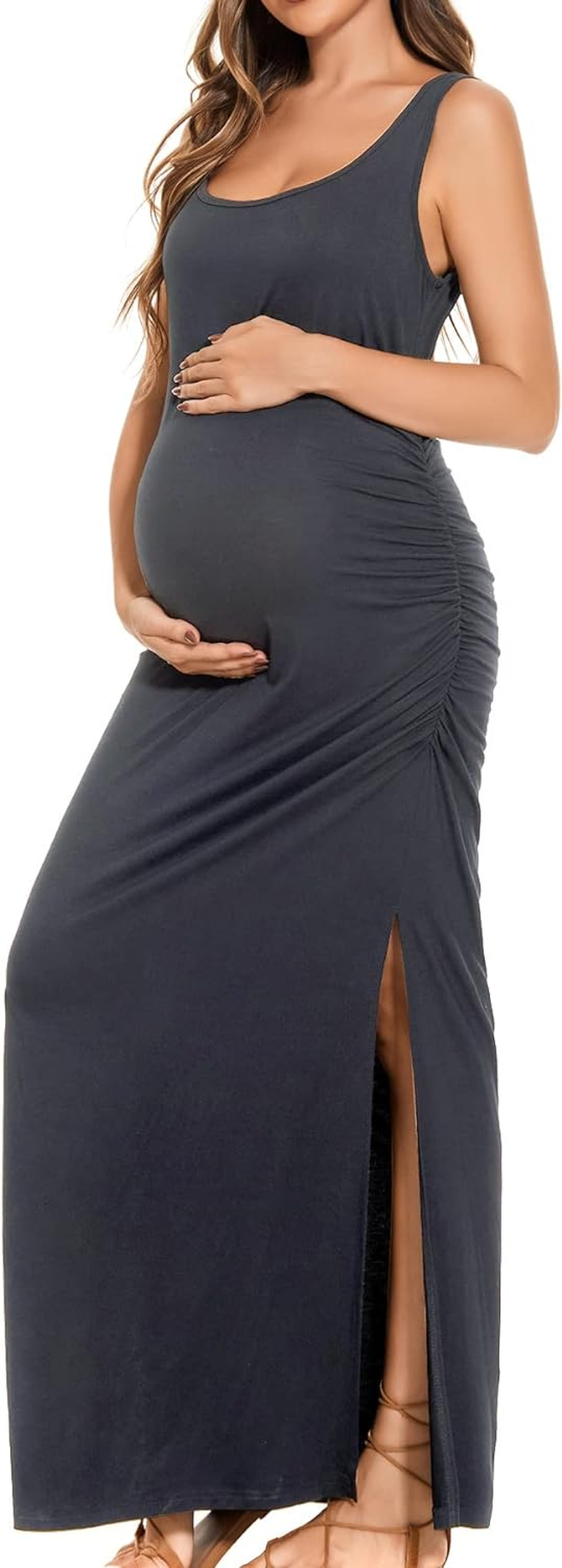 Smallshow Women'S Split Long Maternity Dress Sleeveness Ruched Pregnancy Clothes