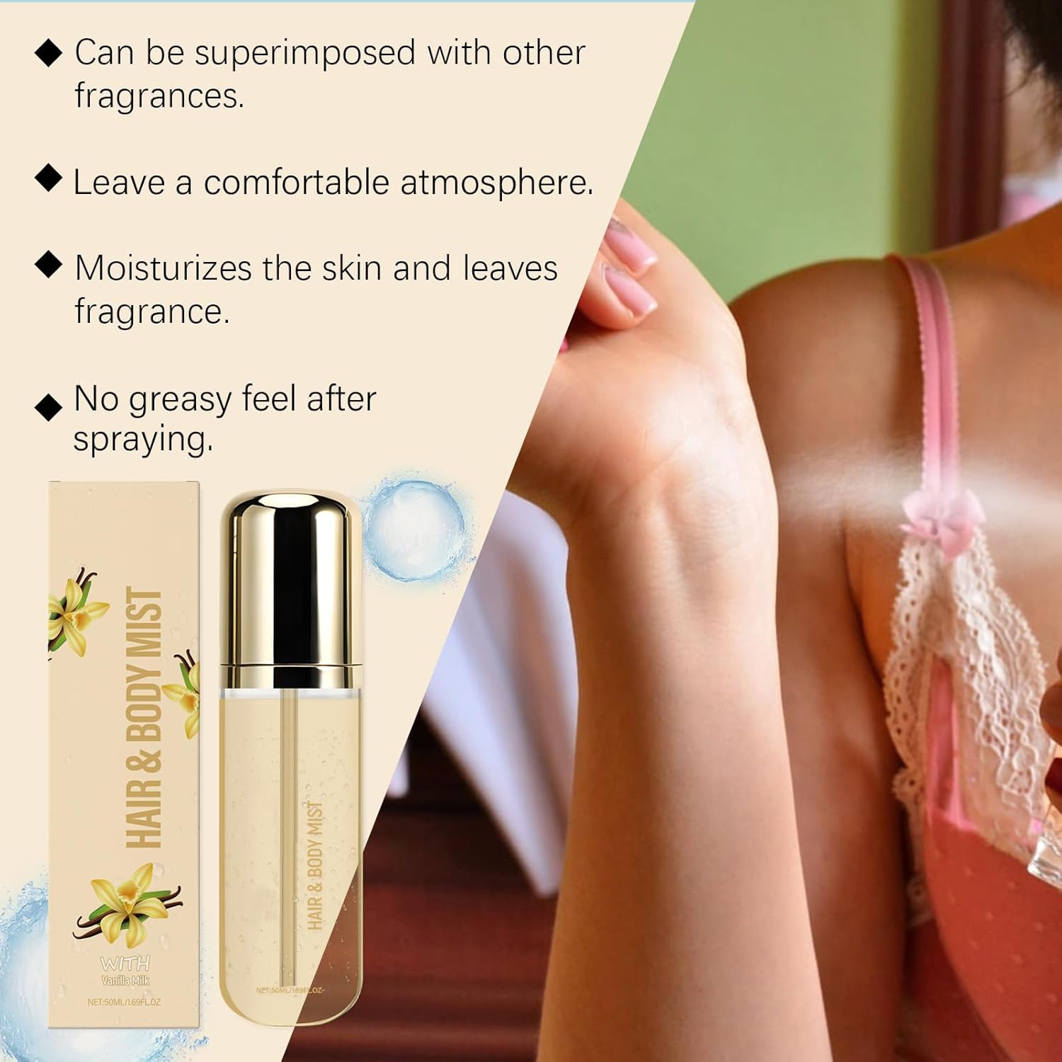 Vanilla Body Spray for Women, Hair & Body Fragrance Mist with Vanilla Essential Oil, Lightweight Long-Lasting Fragrance Scent, Hydrating and Nourishing, Refresh Mist (1Pcs) - 2Pcs image number 5