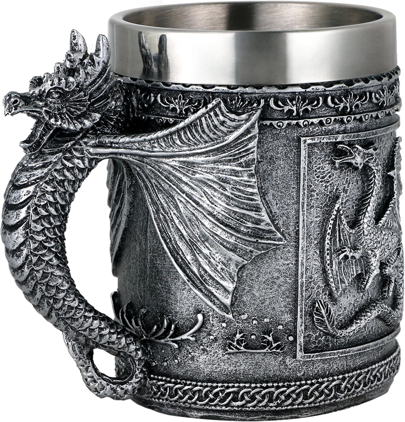 Medieval Roaring Dragon Mug - Dungeons and Dragons Beer Stein Tankard Drink Cup - 15.8Oz Stainless Coffee Mug for GOT Dragon Lovers Collector - Ideal Novelty Gothic Father Day Gift Party Decoration