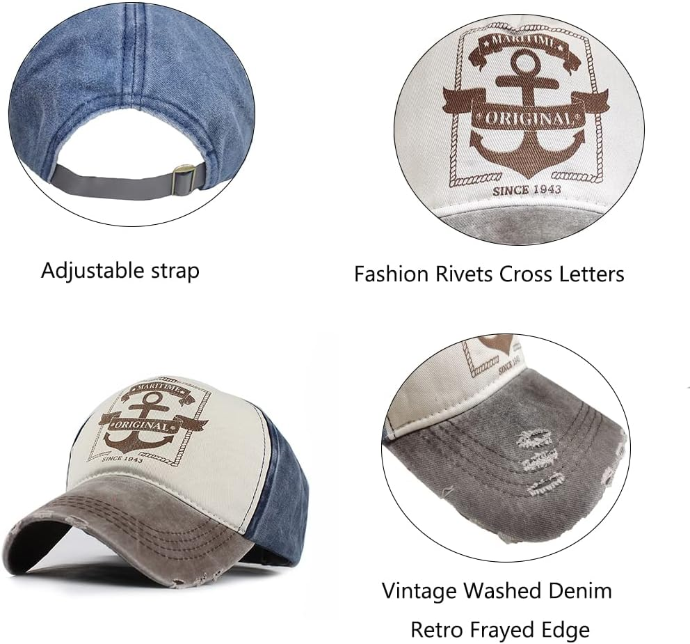 YULOONG Vintage Baseball Cap Washed Denim Fashion Anchor Pattern Outdoor Sun Hat for Men Women 100% Cotton image number 2