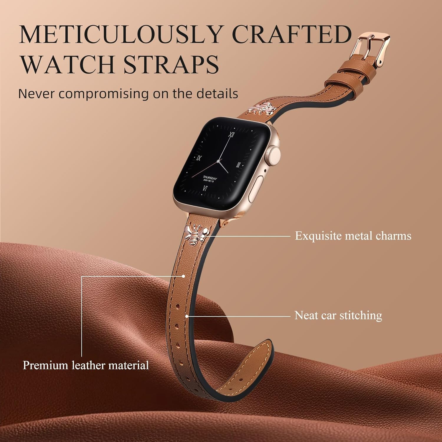 Getino Slim Band Compatible with Apple Watch Bands for Women 38Mm 40Mm 41Mm 44Mm 45Mm 46Mm 49Mm 42Mm, Soft Top Grain Genuine Leather Replacement Strap for Iwatch Series 10 9 8 7 6 5 4 3 2 1 SE Ultra image number 1