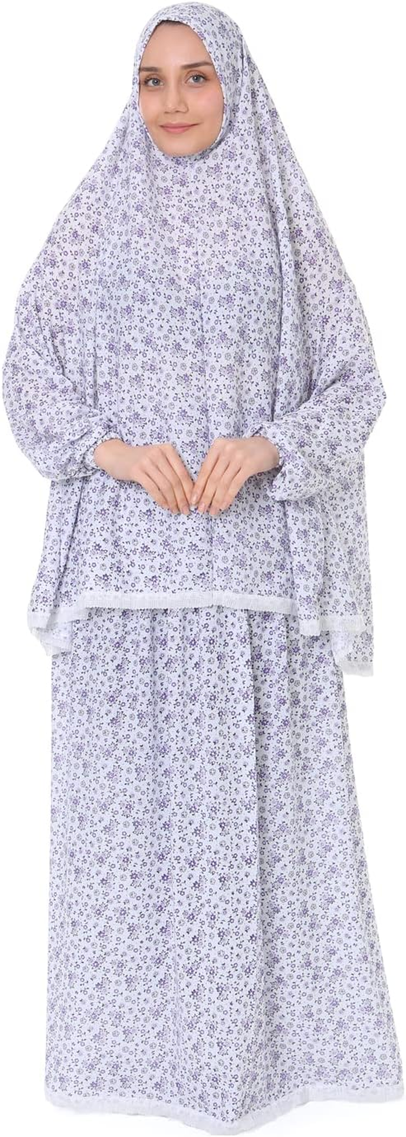 Elanesa Islamic Dress for Women Prayer Clothes for Muslim Women 2 Piece Set Maxi Skirt with Hijab and Rosary Printed Dress