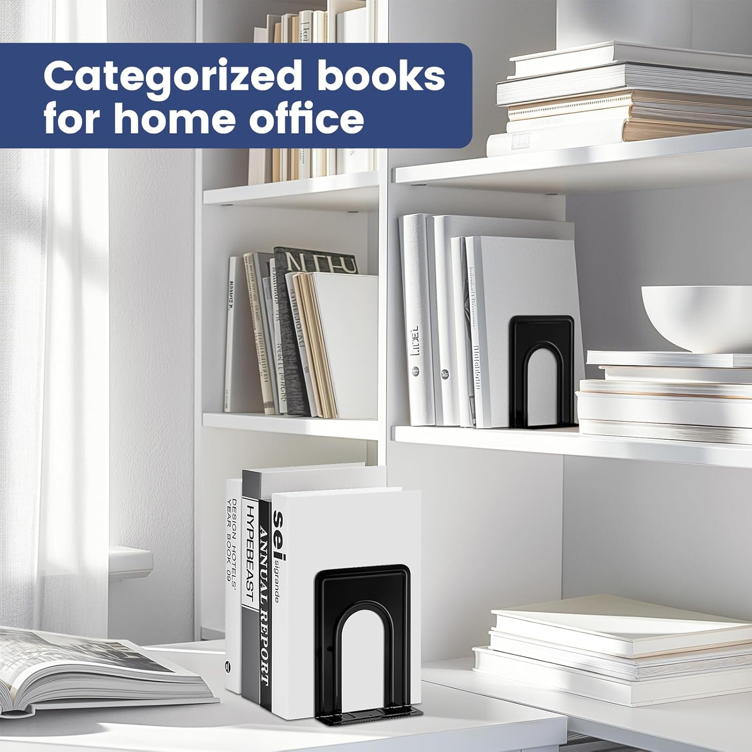 Happyhapi Book Ends Metal Bookends for Shelves,14 Pcs Book End to Hold Books Heavy Duty,Black Non-Skid Bookend,Book Holder Stopper for Shelf Office Home,6.5 X 5.7 X 4.9(7 Pairs, Large)