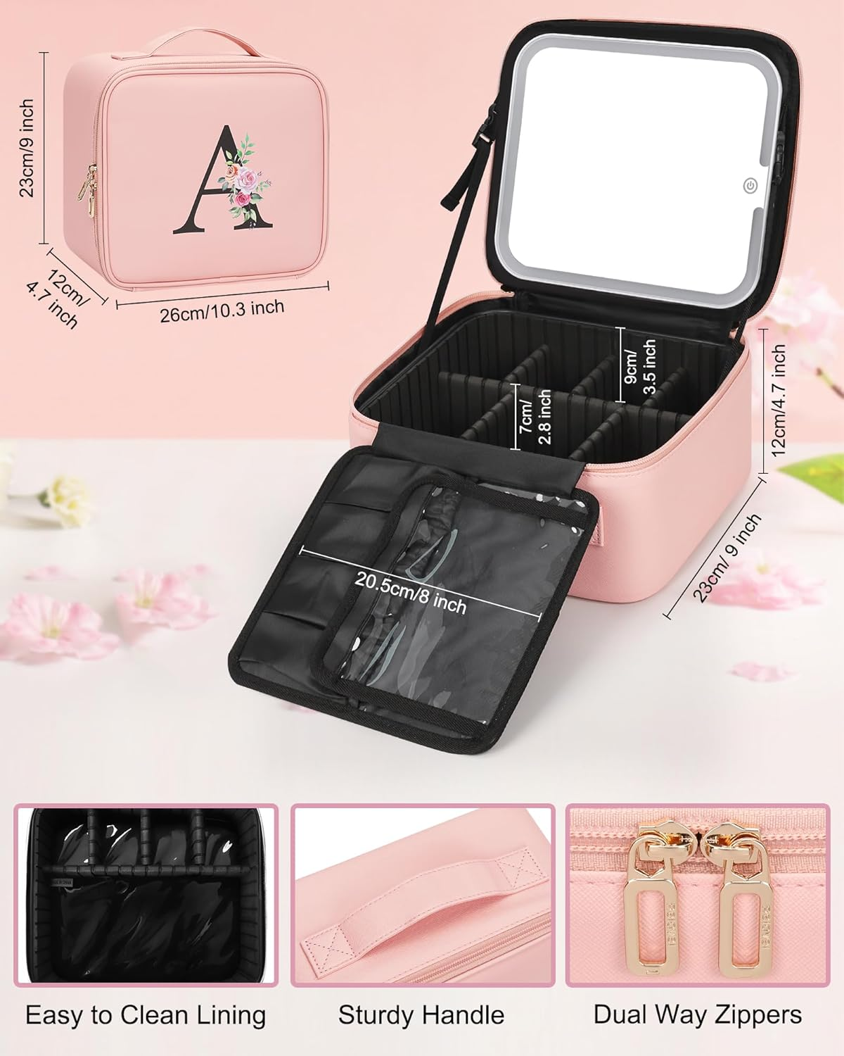 Relavel Makeup Bag with LED Mirror Cute Personalized Initial Makeup Bag for Women Pink Cosmetic Travel Toiletry Bag Girl Gifts, Pink