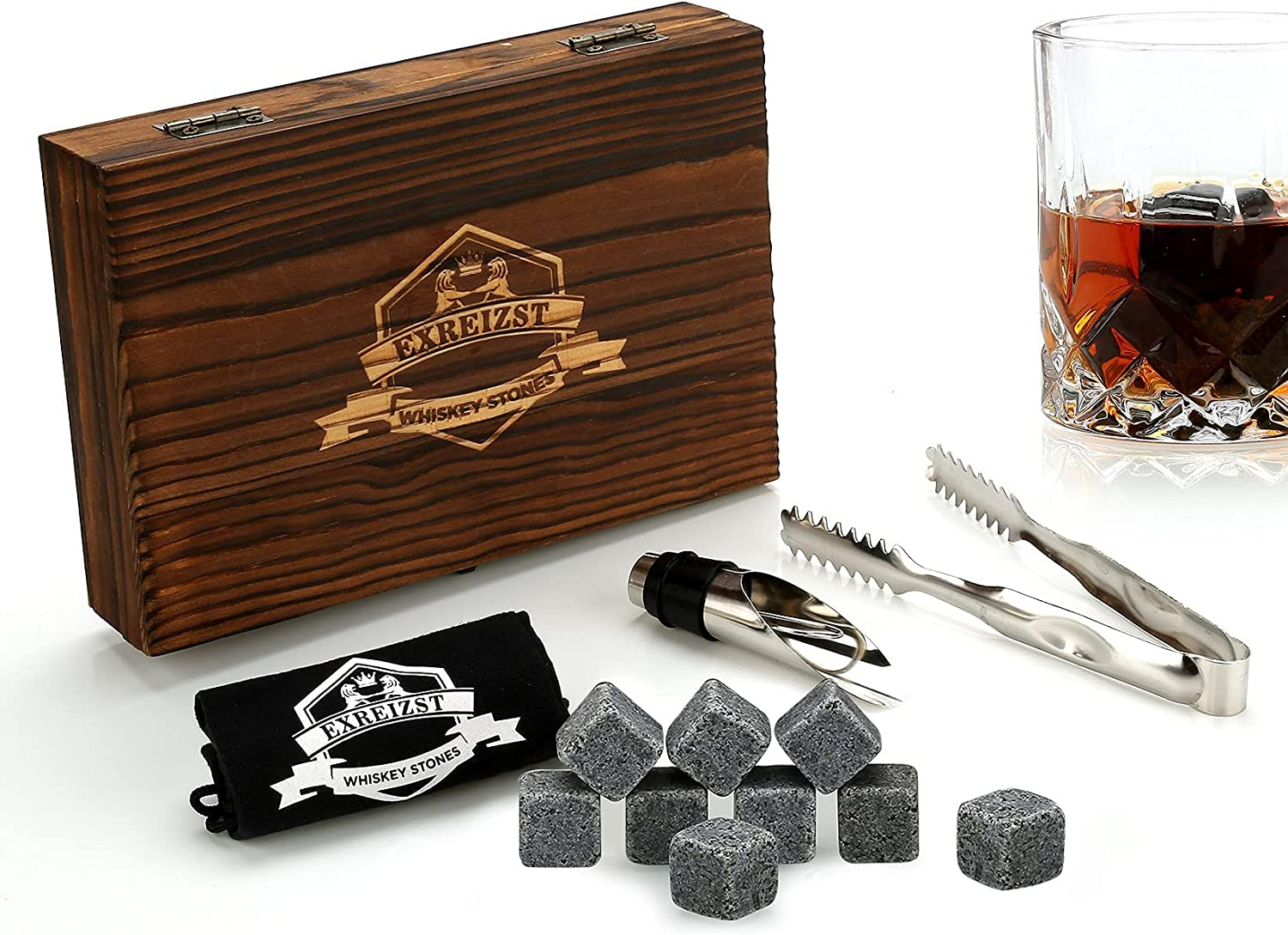 Whiskey Stones Gift Set - 9 Granite Chilling Stones Whisky Rocks - Reusable Ice Cubes with Tongs Stopper - Best Drinking Present for Men Dad Party Birthday Anniversary Retirement Father'S Day (Gray) image number 1