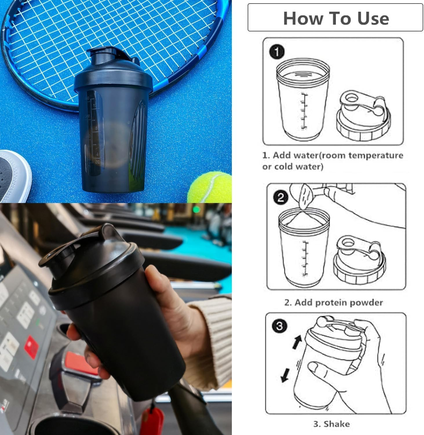 Shaker Bottle for Protein Powder Mixed Plastic Workout Water Bottle 400 Ml with Mixball Non-Leak Cap Shaker Cups for Fitness Sports Gym Supplement Drinks Bottles (Black)