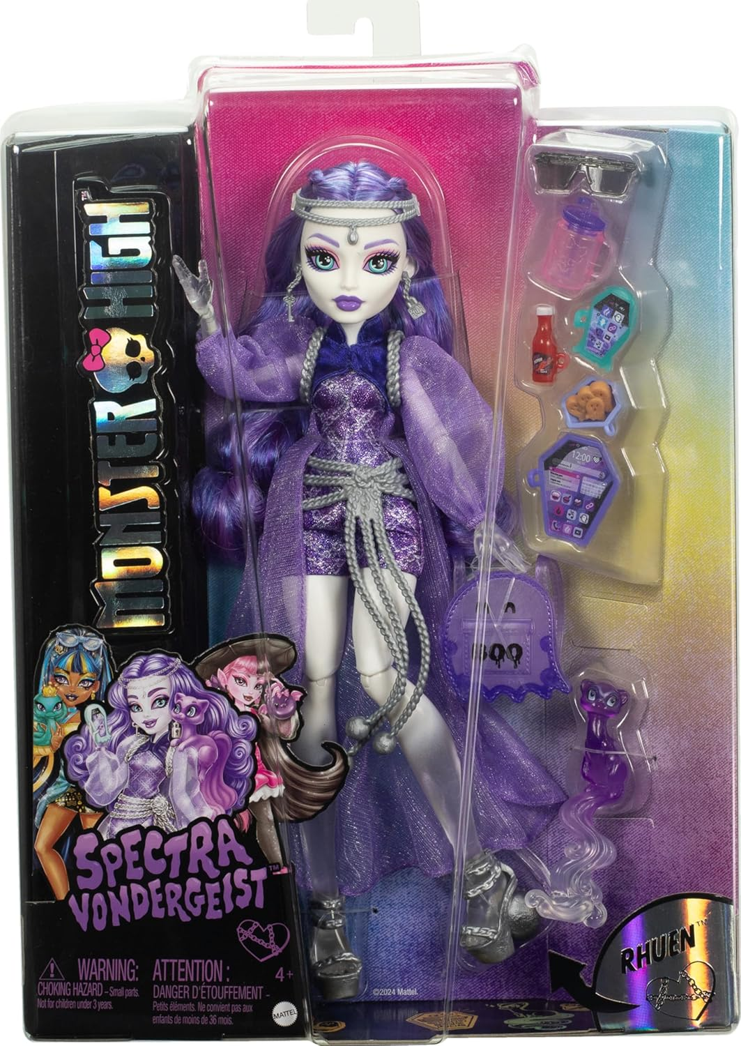 Monster High Spectra Vondergeist Doll with Pet Ferret Rhuen and Accessories like Backpack, Tablet, Snacks and More image number 4
