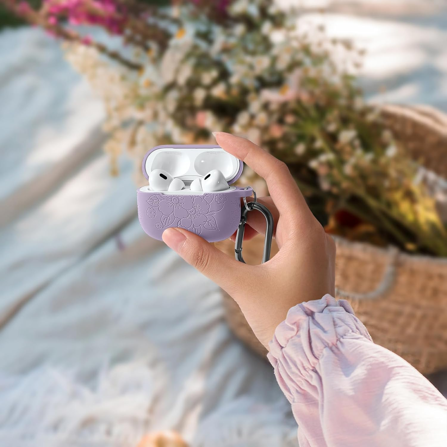 WJK Compatible with Apple Airpods Pro 2Nd Generation Charging Case, Soft Silicone Flower Engraved Protector with Keychain for Airpods Pro Case 2Nd/Airpod Pro Case, Front LED Visible, Lavender