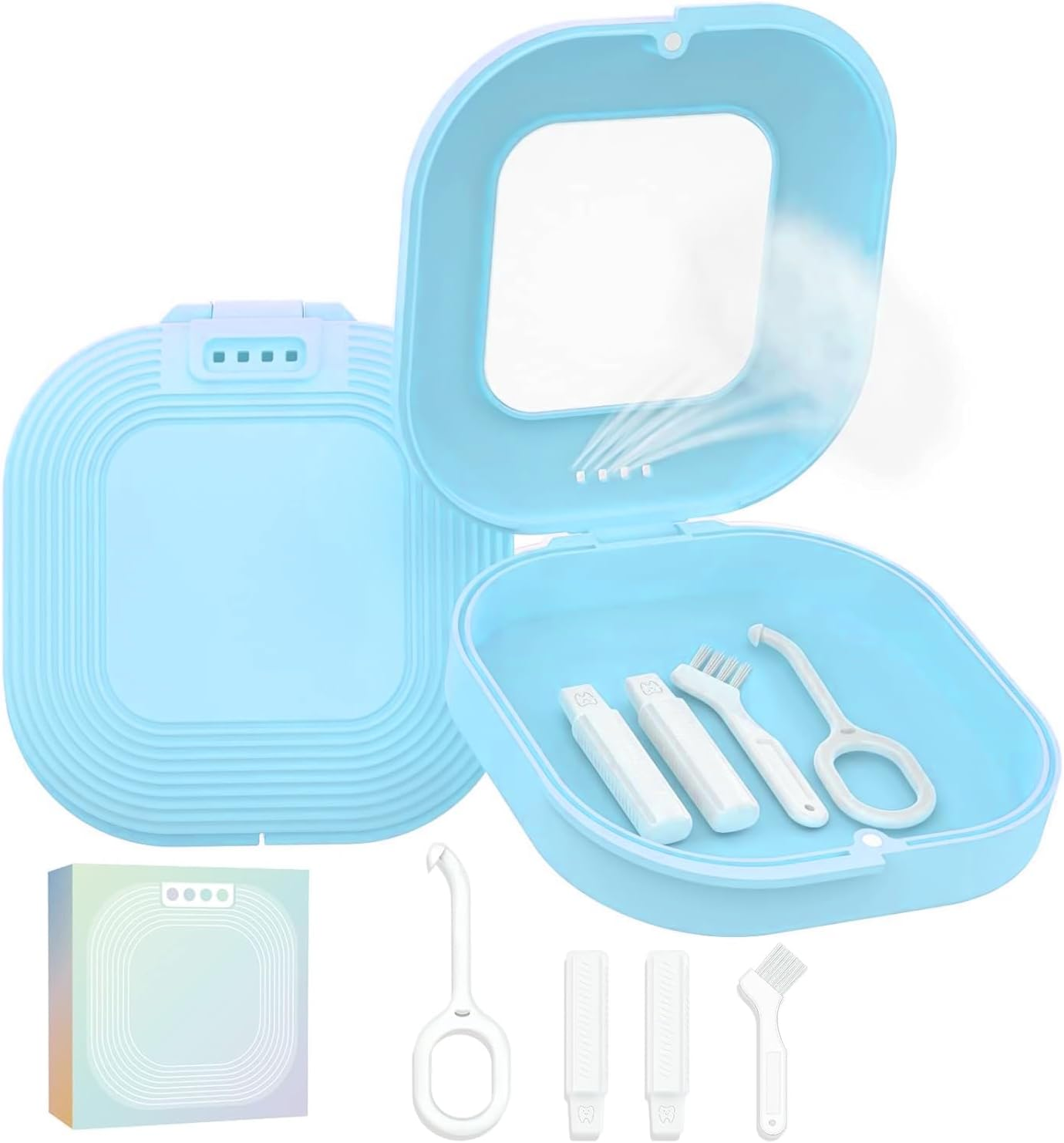 Retainer Case with Mirror, Slim Aligner Case with Vent Holes, Compatible with Invisalign, Mouth Guard Case, Cute Retainer Case with Retainer Removal Tool, Chewies and Brush, White