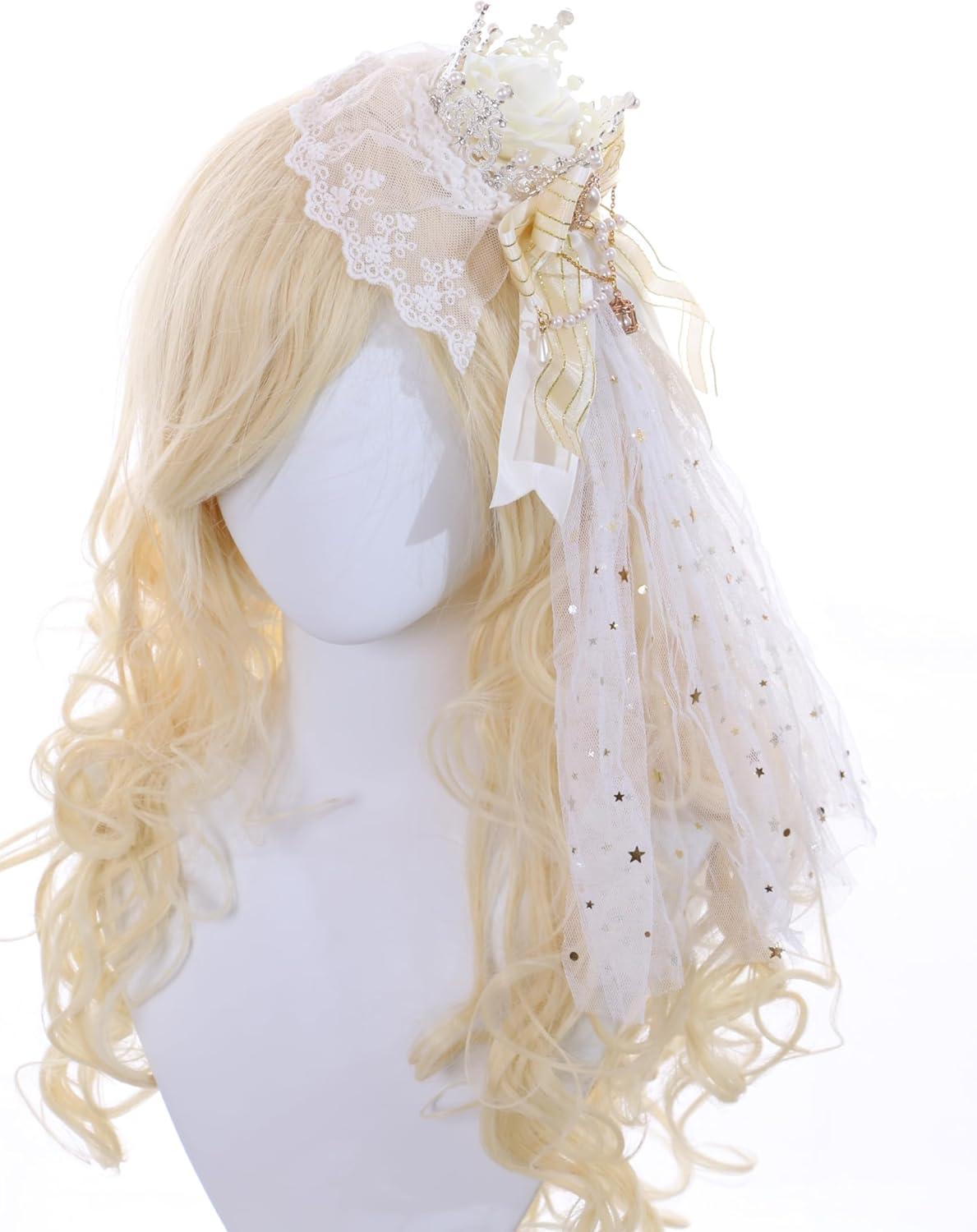 C-105-3 White Veil Gold Crown Red Rose Bow Lace Ruffle Gothic Lolita Party Celebration Hair Accessories Head Accessory image number 1