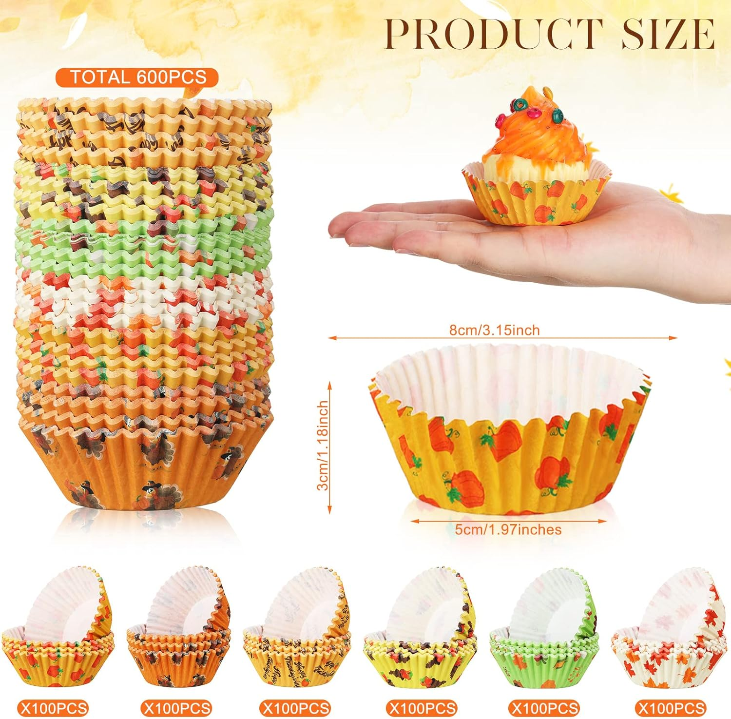 600 Pieces Thanksgiving Cupcake Liners Autumn Cupcake Baking Cups Cupcake Papers Muffin Liners for Baking Thanksgiving Cupcake Wrappers Fall Themed Liners Party Supplies Give Thanks Party Decorations image number 4