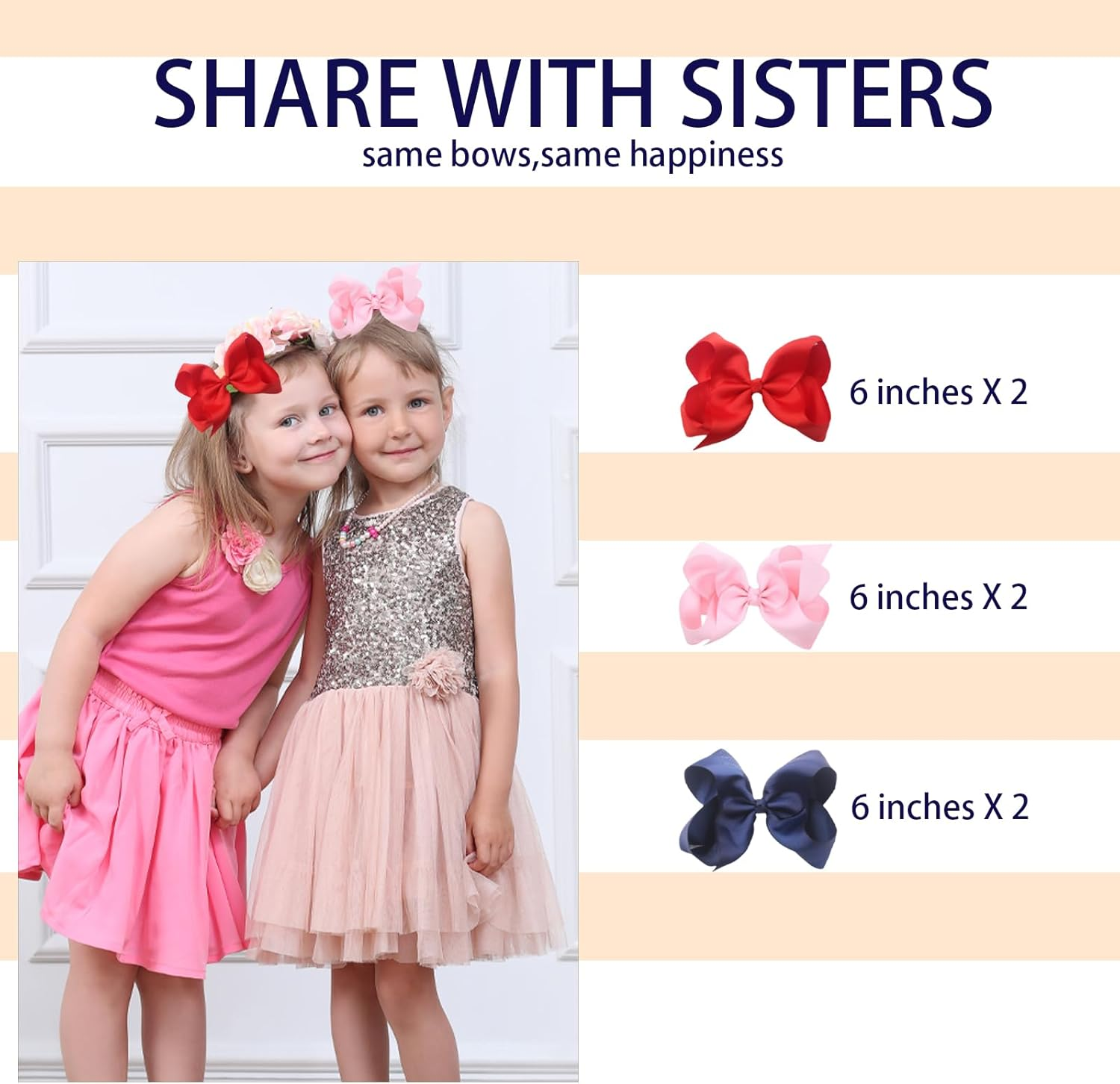 6Pcs 6 Inch Hair Bows for Girls with Alligator Clips - Grosgrain Ribbon Hair Accessories for Baby Girls, Toddlers, Kids & Teens (3 Color Pairs, 6.0" Bows, Barrettes Style) image number 4