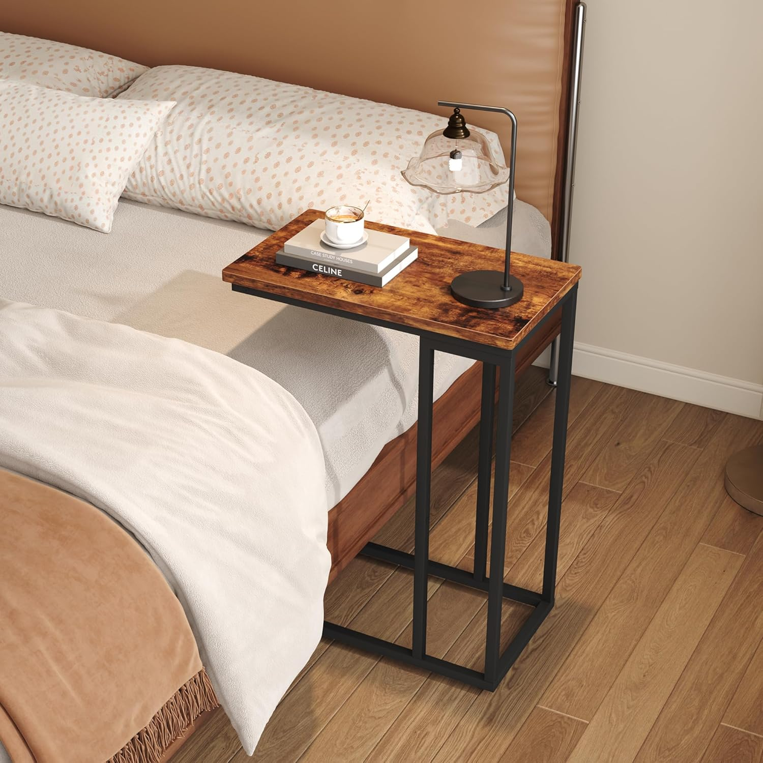 HOMEFORT Narrow C Shaped End Table - Space-Saving Side Table for Living Room, Bedroom, Sofa Small Spaces, Rustic Brown image number 1