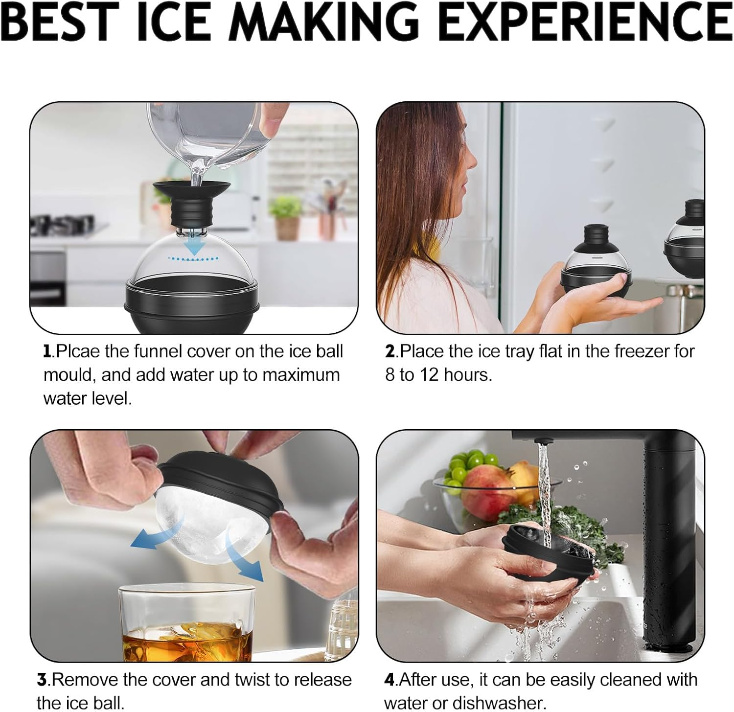CCILIYC Silicone Ice Cube Moulds, 4 Pack Large Ice Ball Maker Mould with BPA Free Plastic Lid, Flexible round Ice Cube Moulds Easy to Pop Out, Sphere Ice Trays for Freezer Whiskey, Gin, Cocktails image number 5