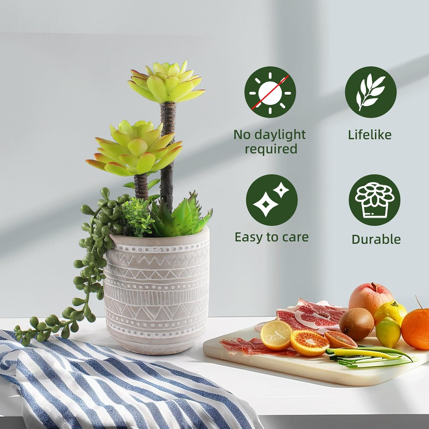 Artificial Succulents 11 Inch Realistic Textured Fake Succulents Faux Plants Aloe String of Pearls Potted Ceramic Plant for Home Decor Table Centerpiece image number 2