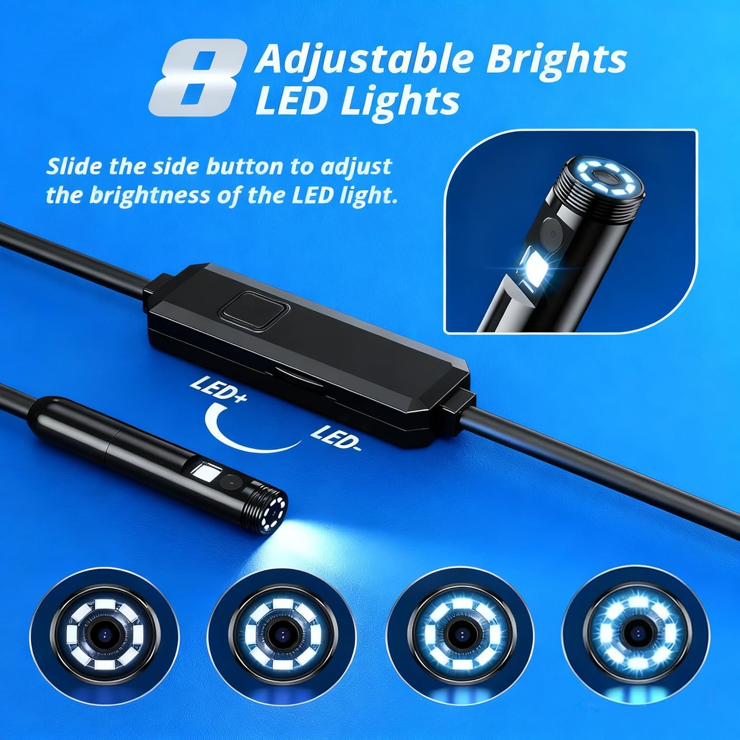 Endoscope Camera with Light, Dual-Lens 1920P HD Borescope with 8 Adjustable LED Lights, IPX68 Waterproof Boroscope Inspection Tools, 5M Semi-Rigid Snake Camera for Ios & Android