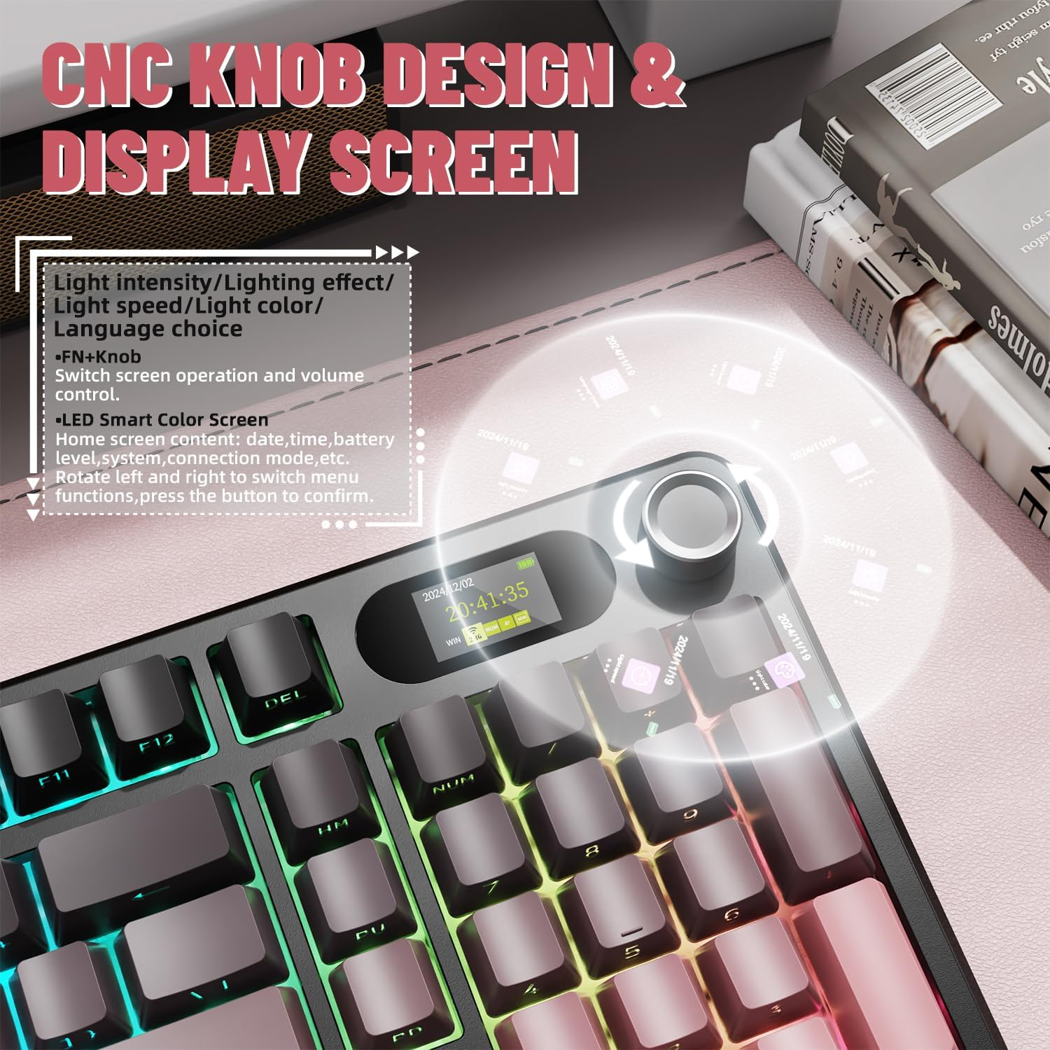 ATTACK SHARK X98PRO Wireless Mechanical Gaming Keyboard, Metal Knob&Tft Screen,Bt/2.4G /USB C Wired, Hot-Swappable RGB Backlit,4000Mah Battery,98 Keys, Cloud Drive,For Win/Mac/Linux-Blackberry image number 6