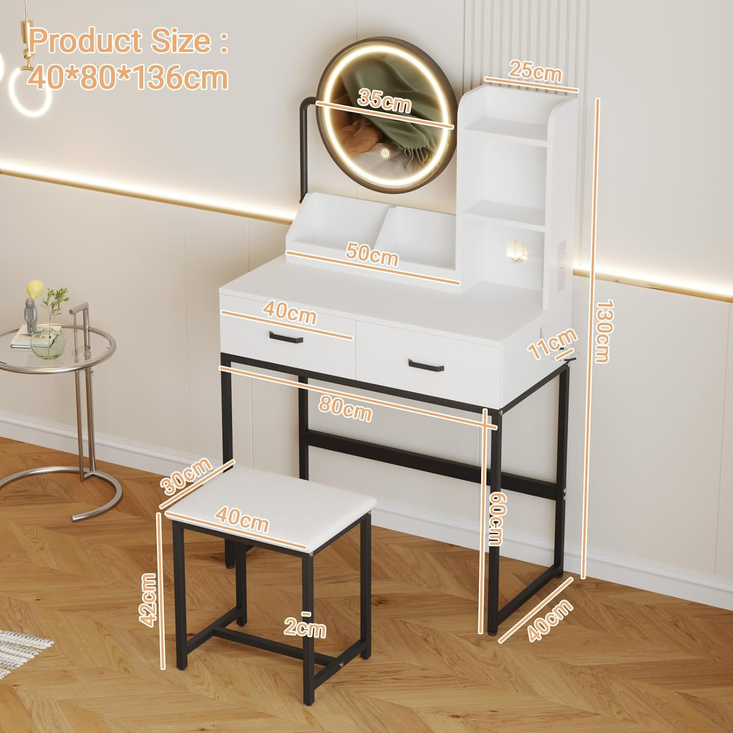 Advwin Dressing Table with 360&deg;Adjustable Mirror, Power Outlet and 3-Color LED Light, Makeup Vanity Desk Stool Set with 2 Drawers, 2 Trays and 3 Shelves for Bedroom (White Black)
