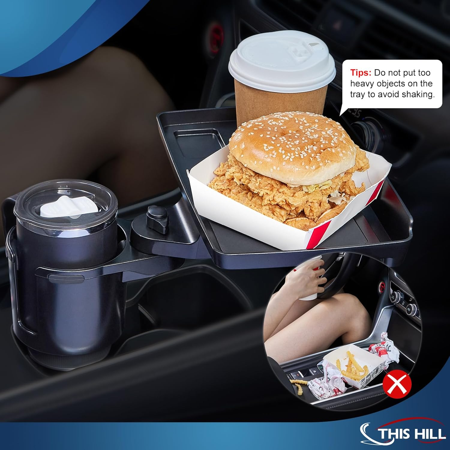 This Hill Cup Holder Tray for Car, 2 in 1 Detachable Car Food Table Tray with Solid Base & Phone Slot,Car Cup Holder Expander with 360&deg;Rotation Tray for Travel Road Essentials Accessories