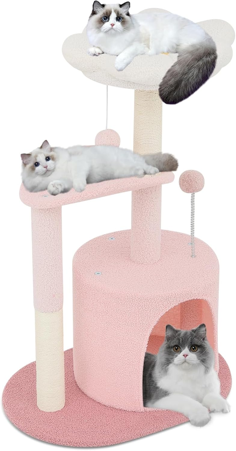 Athena Collection Small Cat Tree Condo with Sisal Scratching Post, 33 Inch Modern Cute Flower Cat Tree Tower with Cozy Perch Toy Ball for Indoor, Kittens, Purple