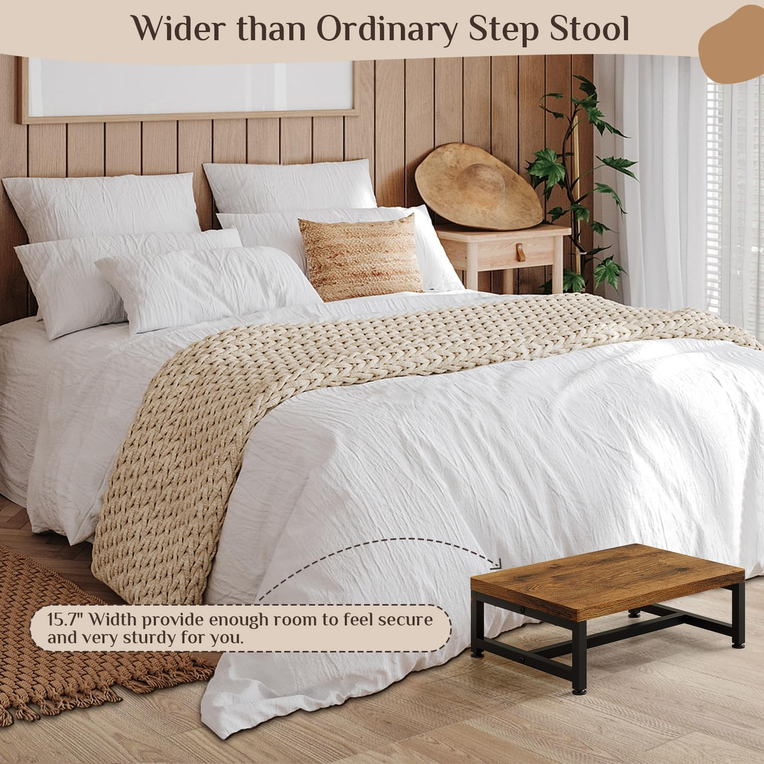 Forthcan Wooden Step Stools for Adults Kids, 2 Step Stool, Heavy Duty Wood Bedside Stepping Stool for Kichen/Bathroom/Bedside Step Stool (Single Tier (Brown)) image number 4