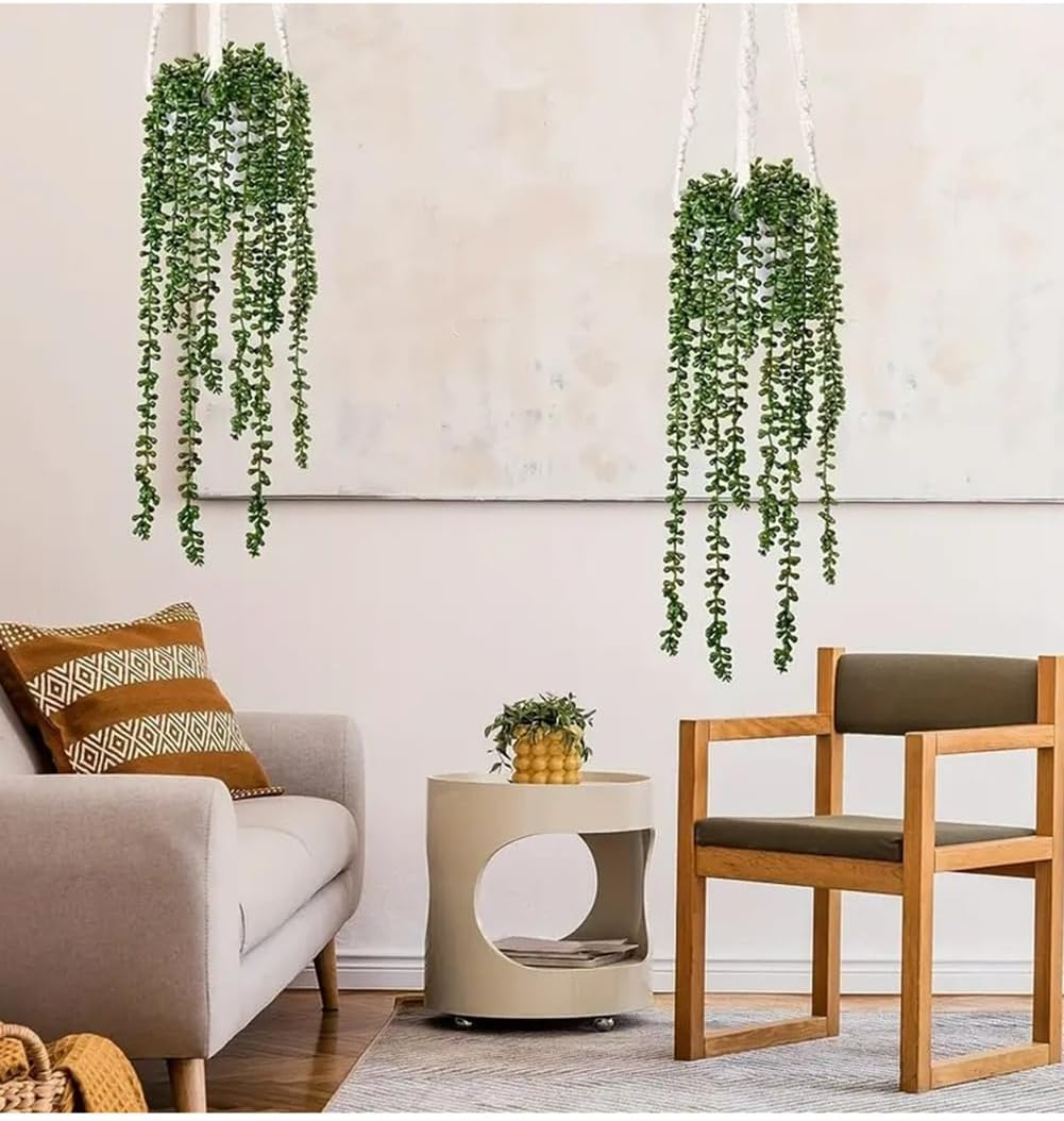 DWIND 2 PCS Artificial Succulents Hanging Plants Fake Pearl Bean Strings Lovers Tears Succulent Hanging Plants for Wedding, Home, Garden, Party, Office, Wall Decoration image number 6