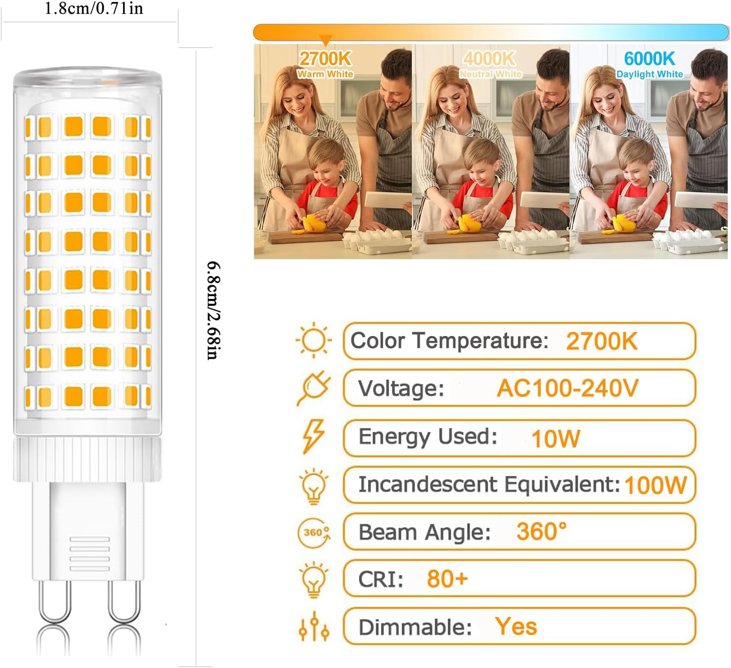 Dimmable G9 10W LED Bulb, G9 LED Bulb Equivalent to 100W Halogen LED, Warm White 2700K, CRI>80, AC 220-240V, Pack of 5