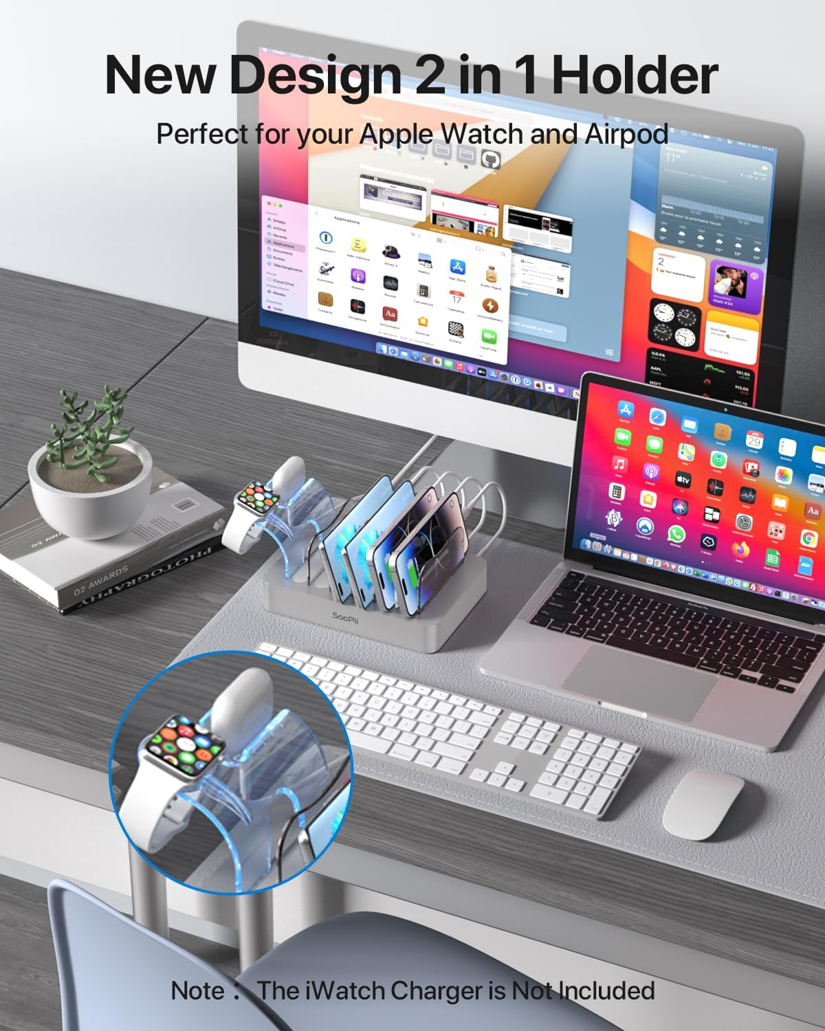 Soopii Premium 6-Port USB Charging Station Organizer for Multiple Devices, 6 Short Charging Cables and One Upgraded I-Watch Charger Holder Included, for Phones, Tablets, and Other Electronics,Silver