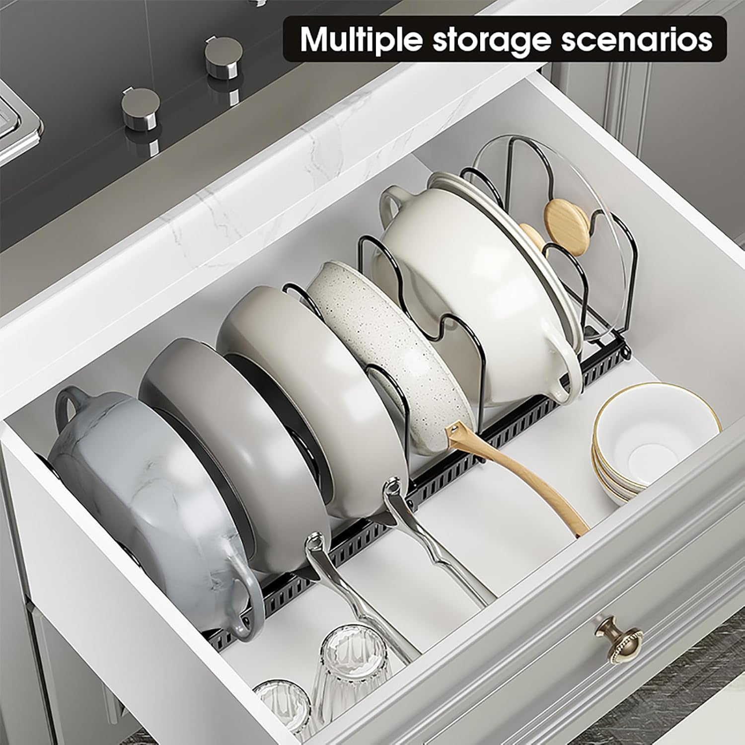 Merrynine Expandable Pans Organizer Rack, 10 Adjustable Compartments, 30-58 CM, Cookware Holder for Pantry or Cabinet, Kitchen Home Storage & Organisation, Black