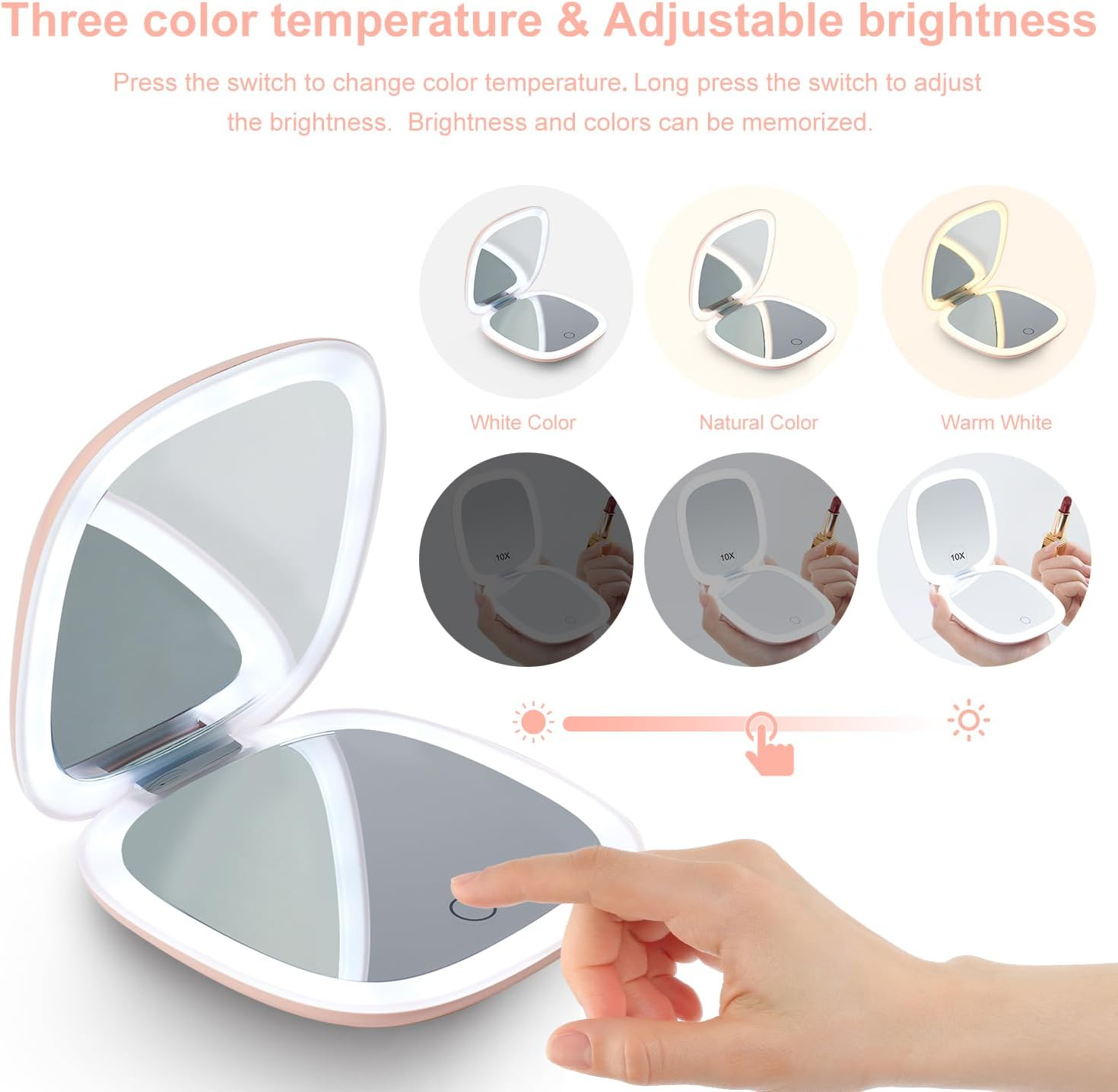 Mocado Compact LED Travel Makeup Mirror - 4 Inches 1X/10X Magnification Travel Mirror with Light Dimmable Double Sides Lighted USB Rechargeable Compact Mirror for Purse,Pocket,Travel(Pink) - Black image number 6